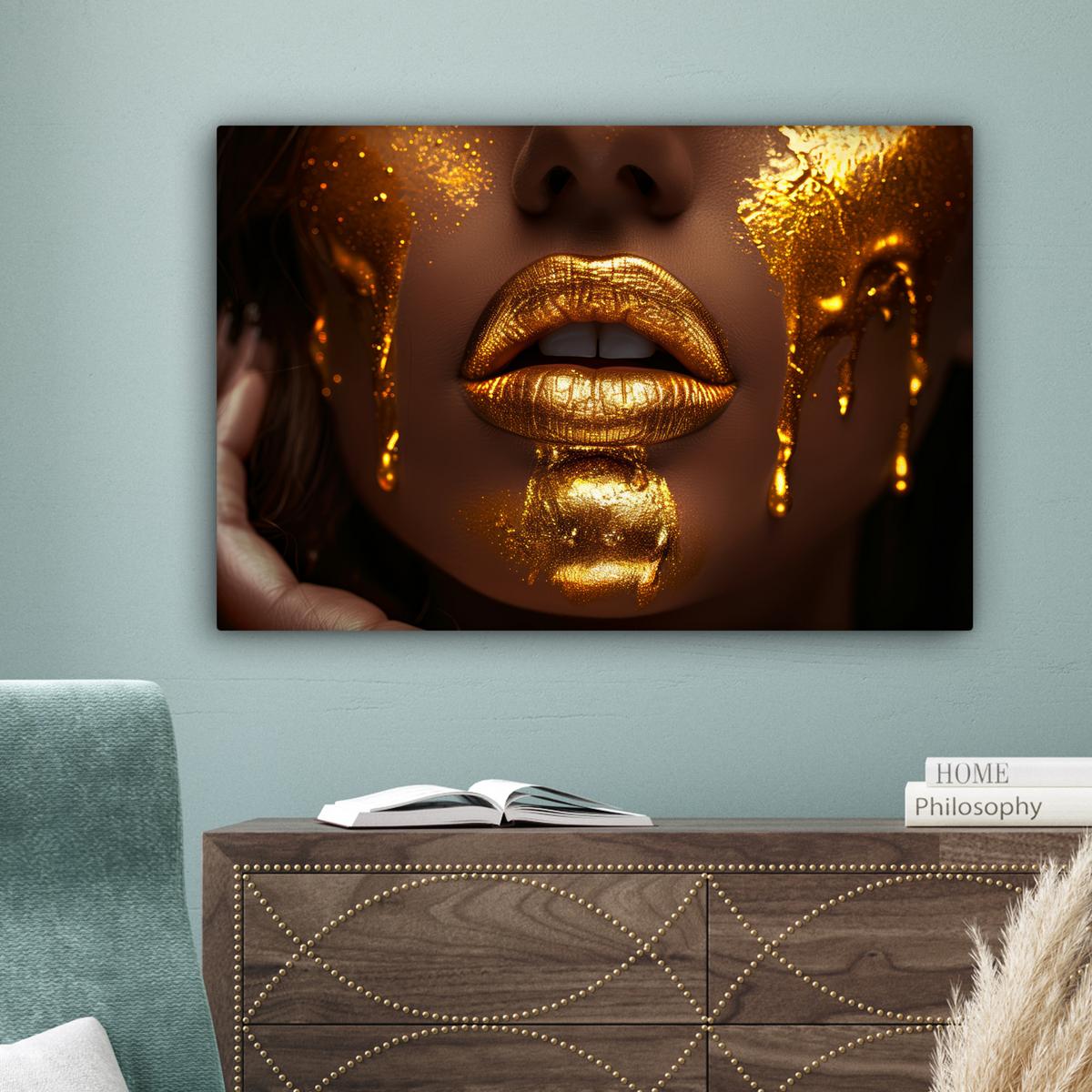 LEINWANDBILD Frau - Gold - Luxus - Porträt Gemälde 60x40 cm - Goldfarben, Textil (60/40cm) - MuchoWow