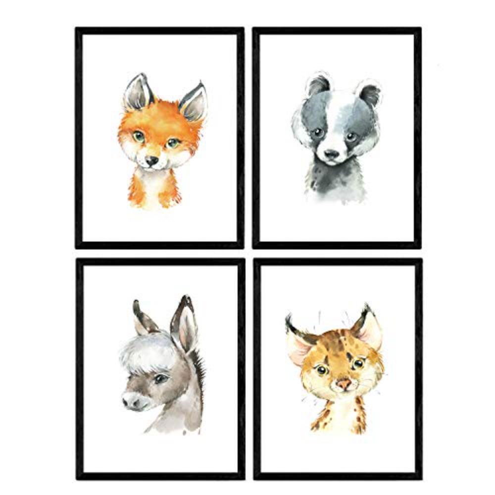 POSTER Set mit 4 Waschbär Fuchs Esel und Leopard A3 Rahmenlos - Klar, Papier (29.7/3cm) - Nacnic