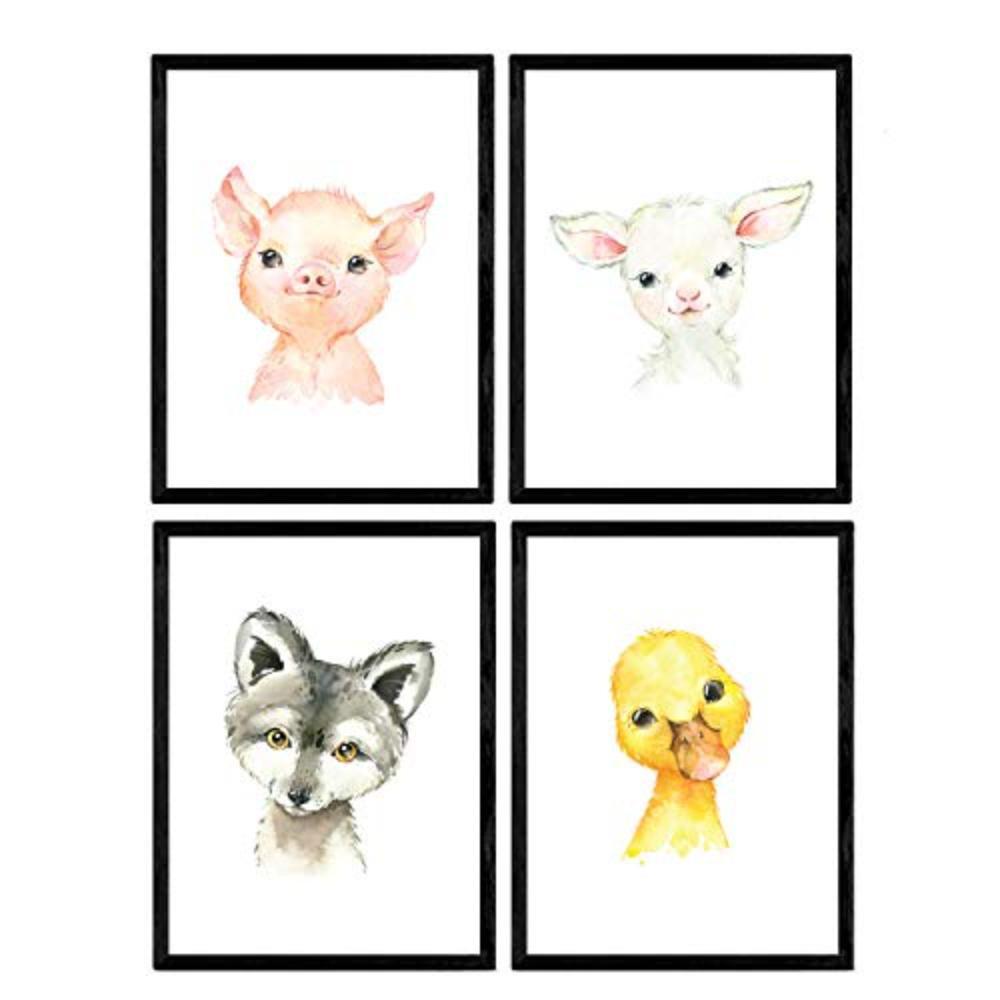 POSTER Set mit 4 Ente Schwein und Ziege Fuchs A4 Rahmenlos - Klar, Papier (29.7/3cm) - Nacnic