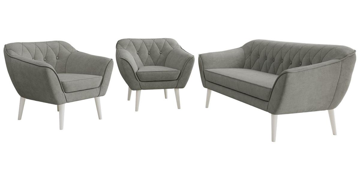 SITZGARNITUR PIRS 3+1+1 - Grau Strukture - Weiße Beine - Platinfarben/Weiß, Holzwerkstoff/Textil (180/75/74cm) - MKS