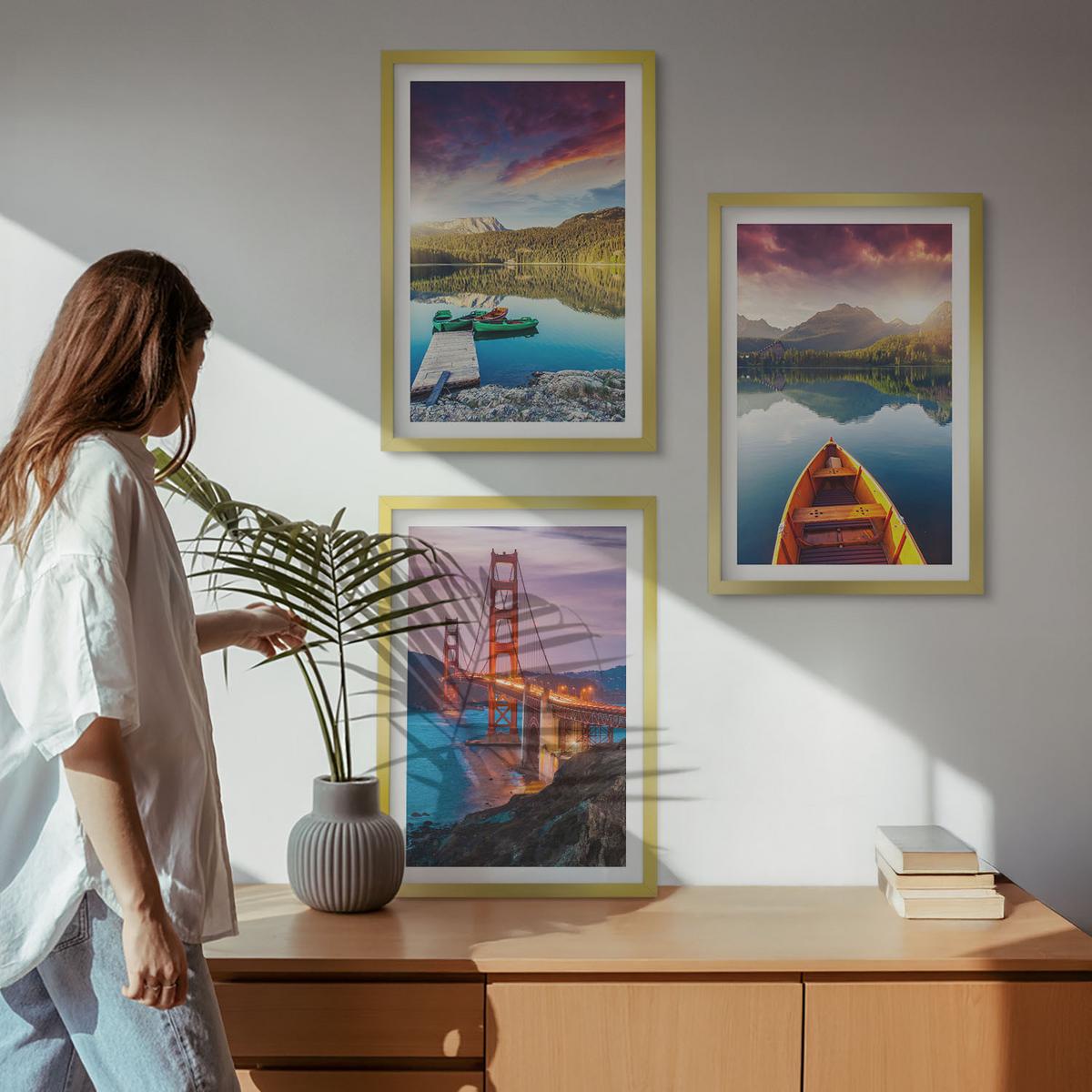 BILDER SET 3er Set - 40x60 cm Goldrahmen - Bergblick auf den See und die Brücken - Goldfarben, Kunststoff (40/60cm) - TULUP