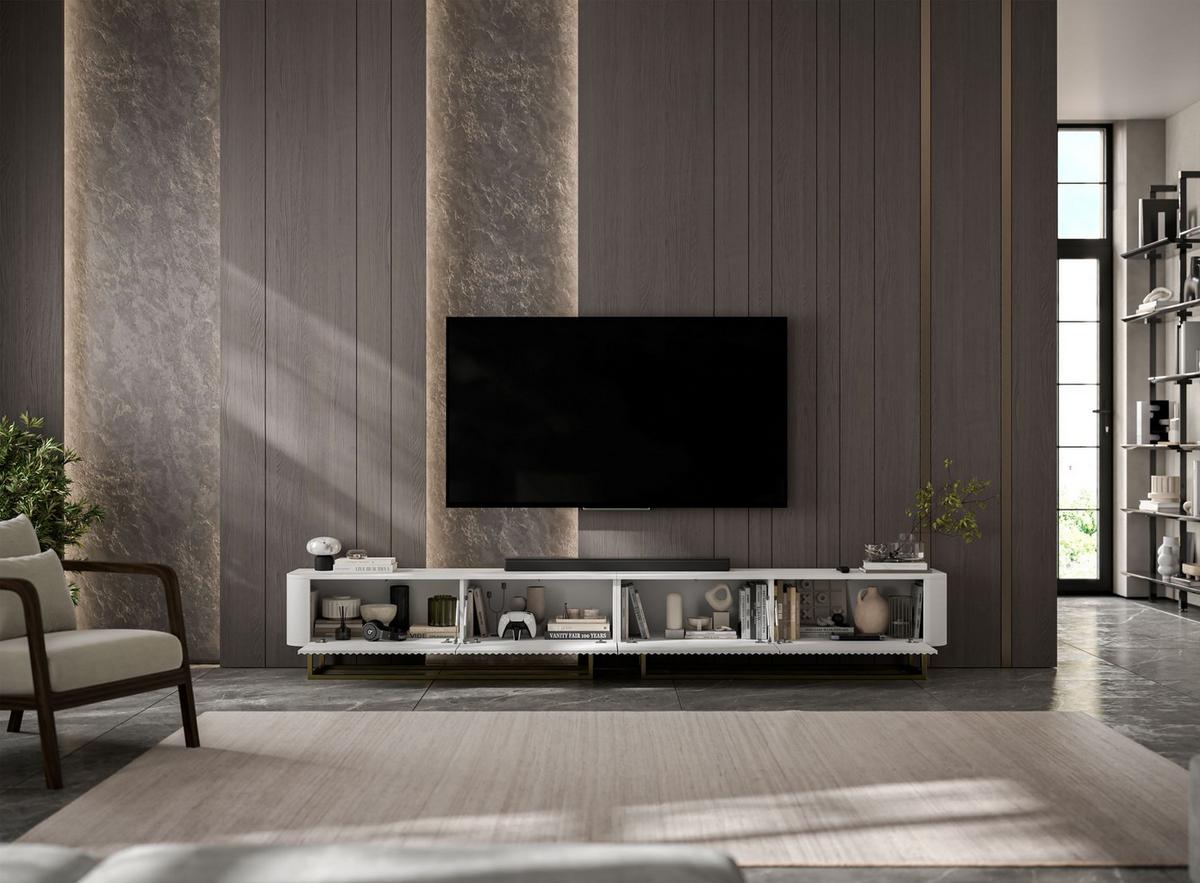 TV-LOWBOARD 2er-Set Aurora Weiß matt 280 cm mit Metallrahmen - Goldfarben/Weiß, Holzwerkstoff/Metall (280/44/35cm) - Meble Lindner