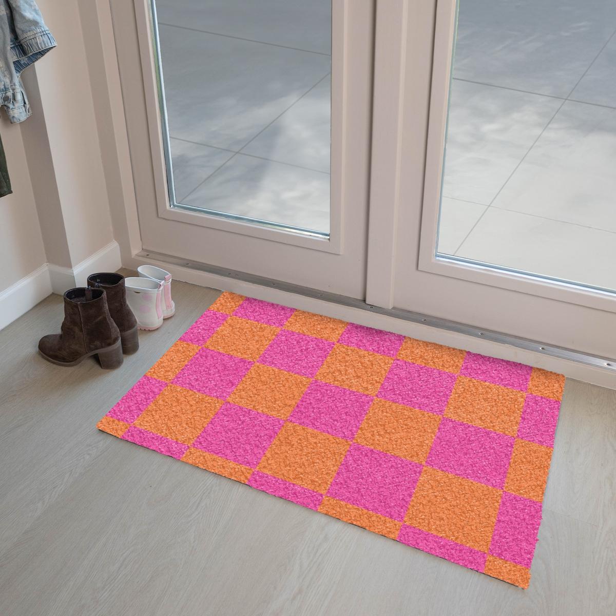 FUSSMATTE Schachbrettmuster - Orange - Rosa - Blöcke Schmutzfangmatte 90x60 cm - Pink, Kunststoff (90/0.4cm) - MuchoWow