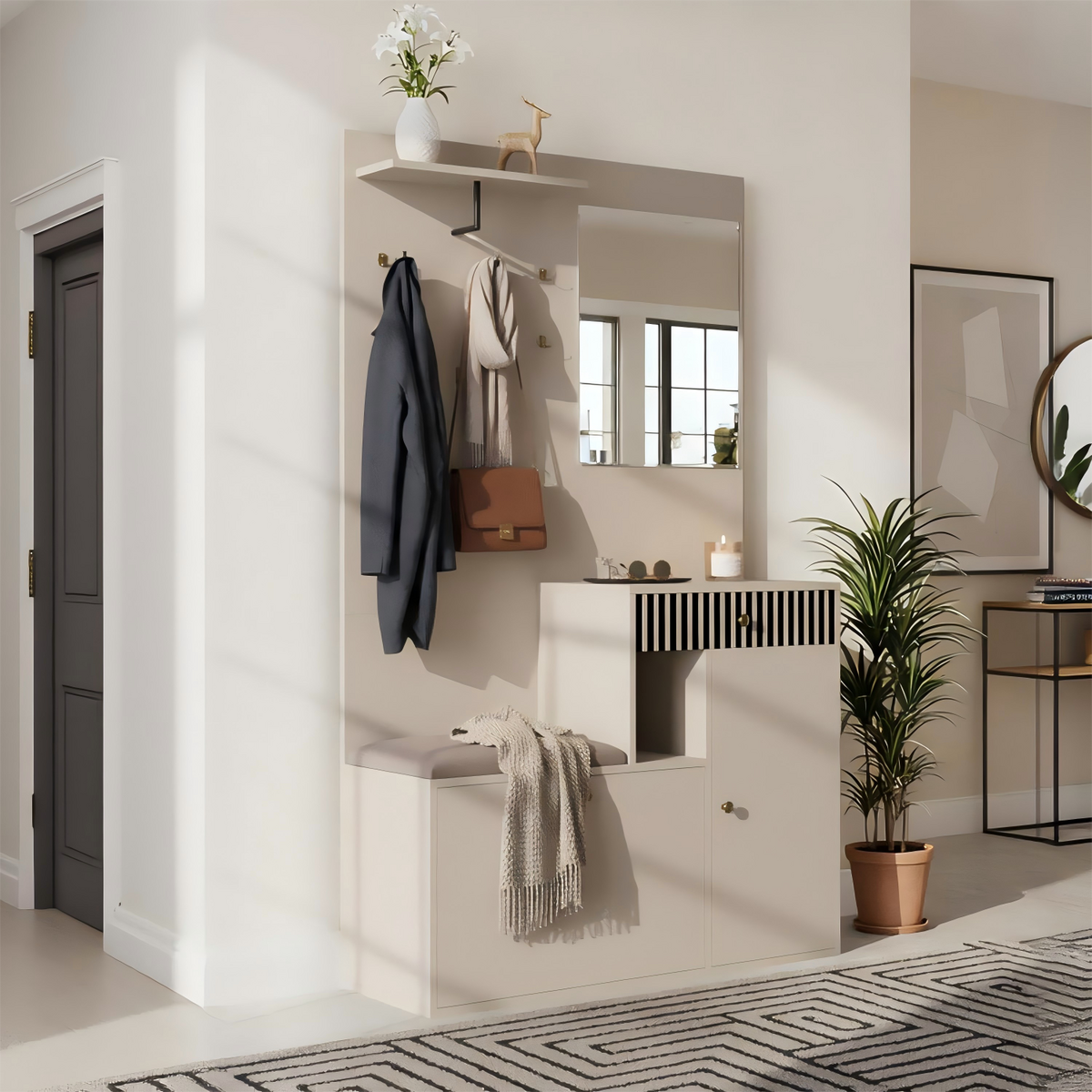 GARDEROBE FÜR FLUR - kombischrank mit Spiegel, Sitzbank und Stauraum - Beige, Glas/Holzwerkstoff (110/186/37cm) - Urban Meuble