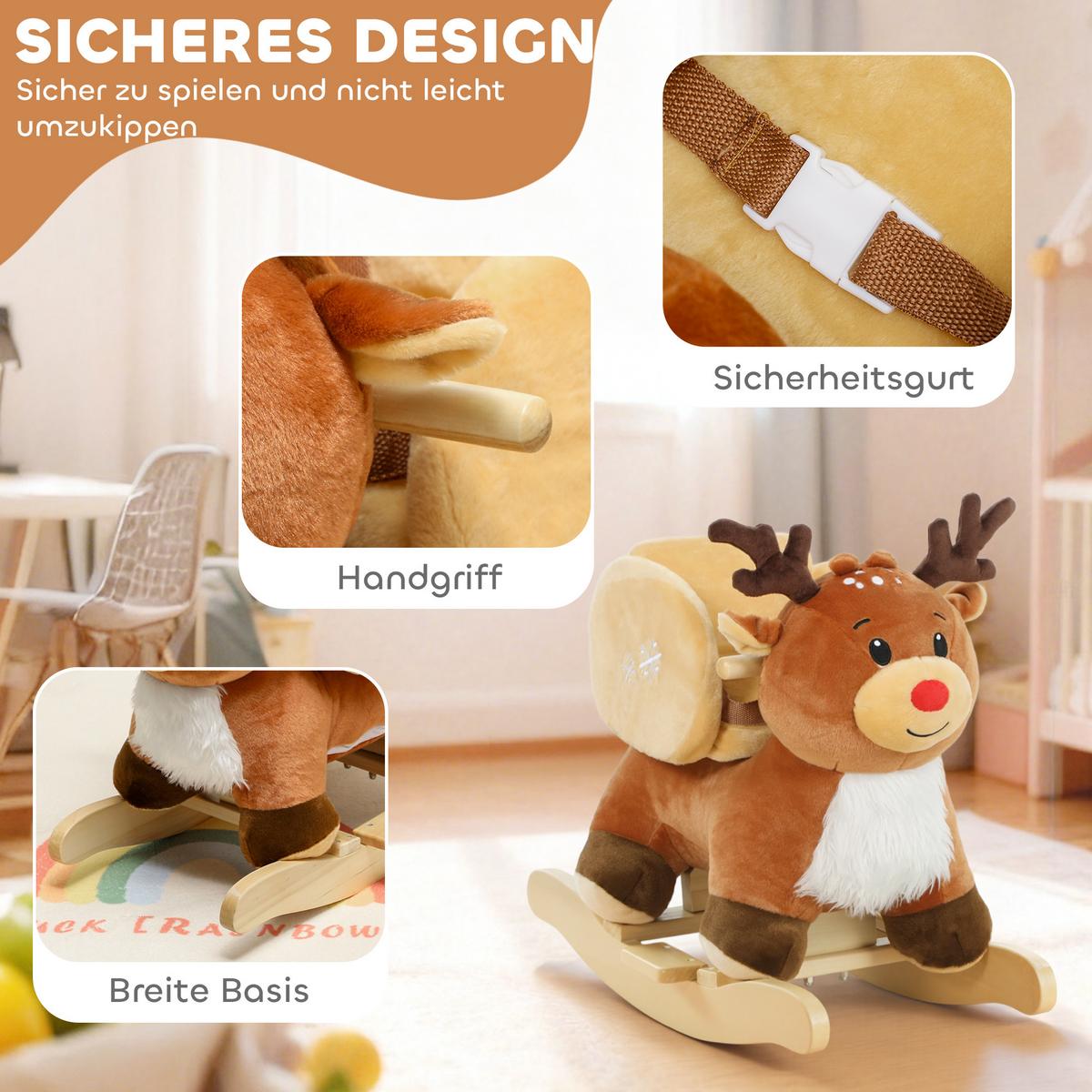 KINDER-SCHAUKELPFERD Rentier mit Schlafliedern Plüsch Braun - Braun, Textil (32/55/65cm) - AIYAPLAY