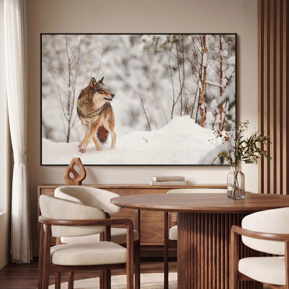 LEINWAND Bilder mit Rahmen - Wolf - Winter - Schnee - Natur - Tiere - 120x80 - Haselnussfarben, Textil (120/80cm) - MuchoWow
