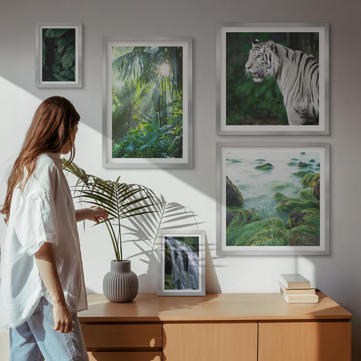 BILDER SET 5er Set - 50x50 cm & 20x30 cm & 40x60 cm Silberner Rahmen - Blätter und Blüten in verschiedenen Farben - Silberfarben, Kunststoff (40/60cm) - TULUP