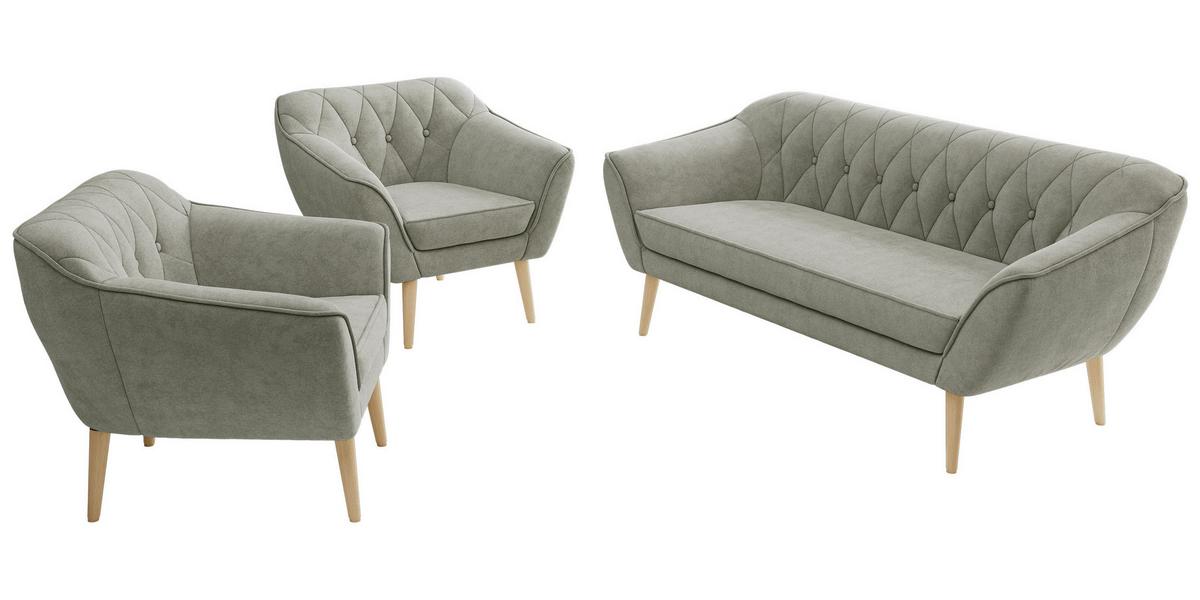 SITZGARNITUR PIRS 3+1+1 - Hellgrau Strukture - Holzbeine - Silberfarben/Buchefarben, Holzwerkstoff/Textil (180/75/74cm) - MKS
