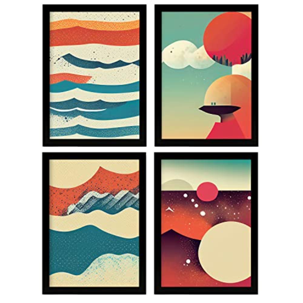 POSTER Set mit 4 Abstrakt Wellen Moderne Galaxien A4 Schwarzer Rahmen - Schwarz, Papier (29.7/3cm) - Nacnic
