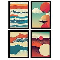 POSTER Set mit 4 Abstrakt Wellen Moderne Galaxien A4 Schwarzer Rahmen - Schwarz, Papier (29.7/3cm) - Nacnic