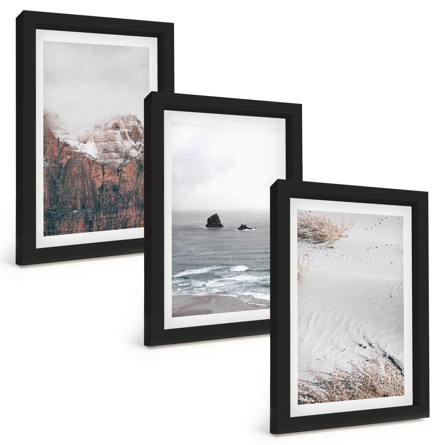BILDER SET 3er Set - 20x30 cm Schwarzer Rahmen - Berge, Wolken, Meer, Sand, Natur - Schwarz, Kunststoff (20/30cm) - TULUP