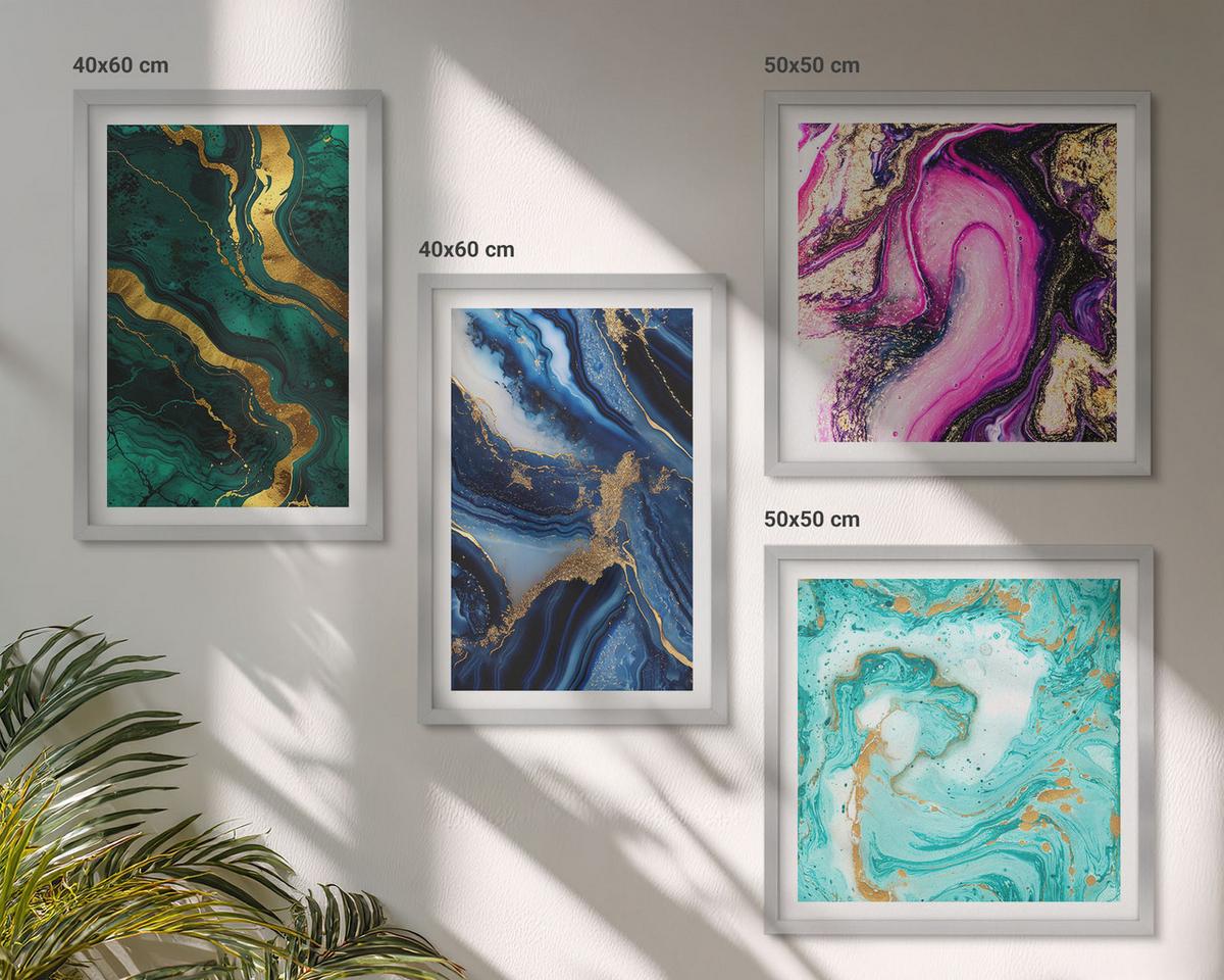 BILDER SET 4er Set - 50x50 cm & 40x60 cm Silberner Rahmen - Abstrakte Muster in Rosa, Grün und Blau - Silberfarben, Kunststoff (50/50cm) - TULUP