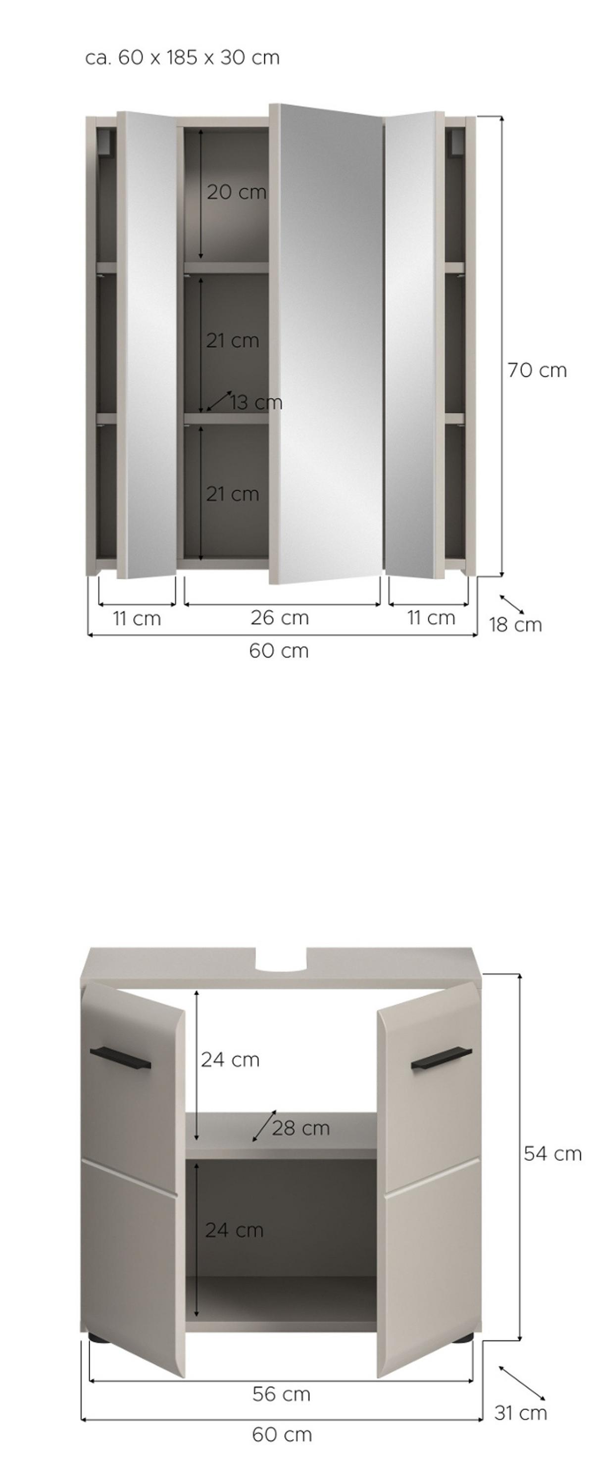 BADMÖBEL-SET Kaschmir 2-teilig 60 cm, Badschränke in modernem Design - Kaschmir/Schwarz, Glas/Holzwerkstoff (60/185/30cm) - Inn.Furn