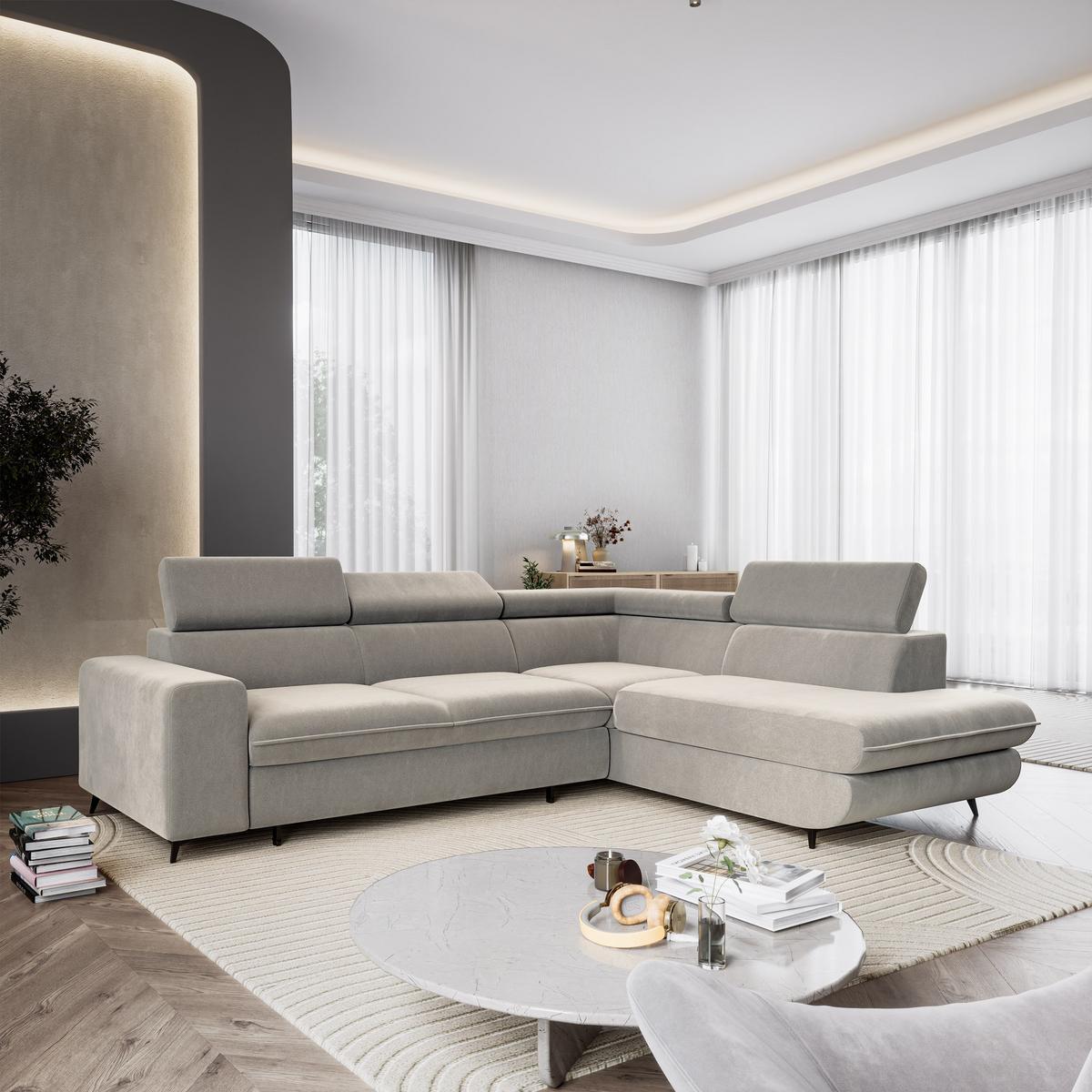 ECKSOFA VELISS Hellgrau Veloursstoff mit Schlaffunktion - Hellgrau, Holz (255/193cm) - MASSENO