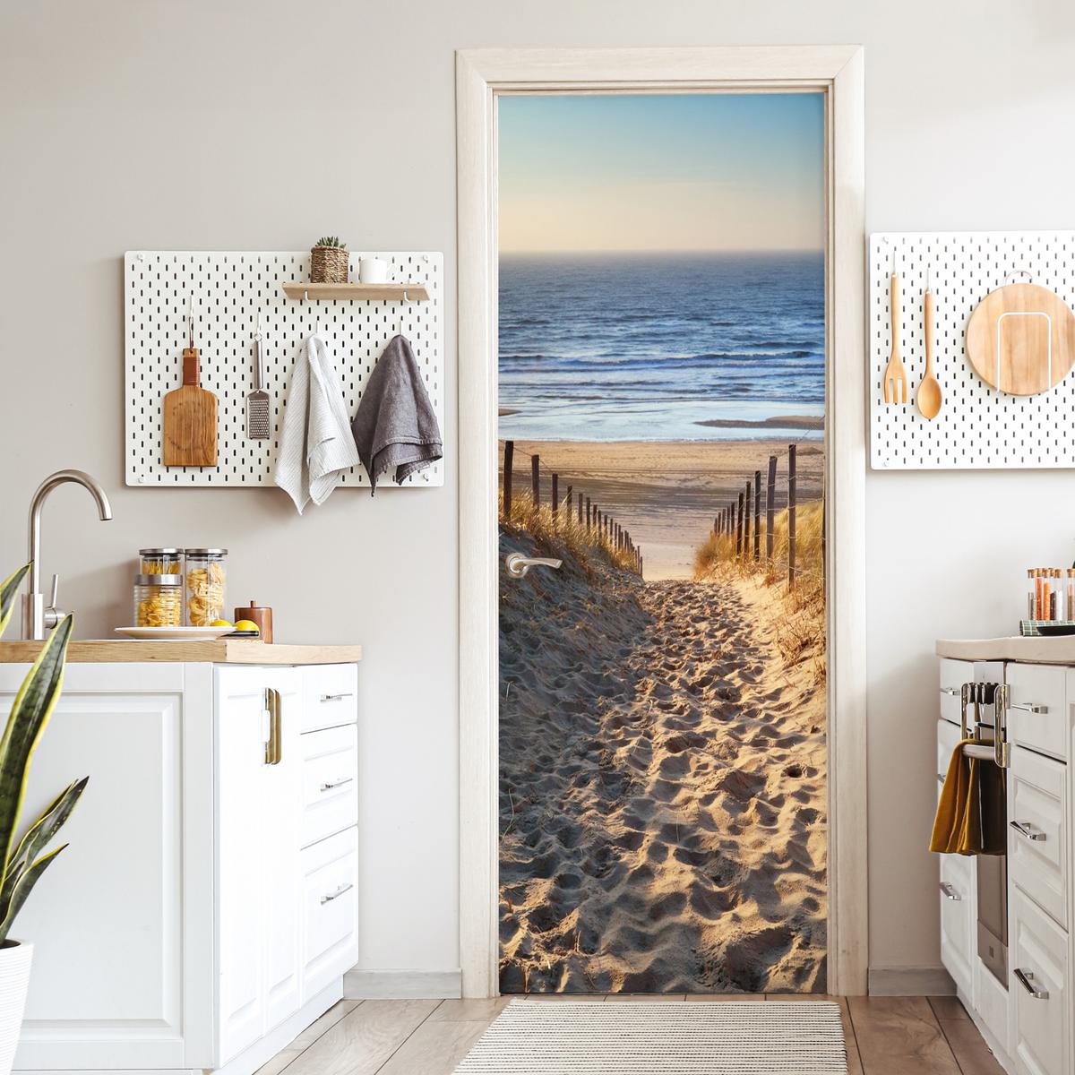 TÜRAUFKLEBER Strand - Meer - Niederlande - Dünen - Sonne 90x235 cm - Türtapete - Blau, Kunststoff (90/0.1cm) - MuchoWow