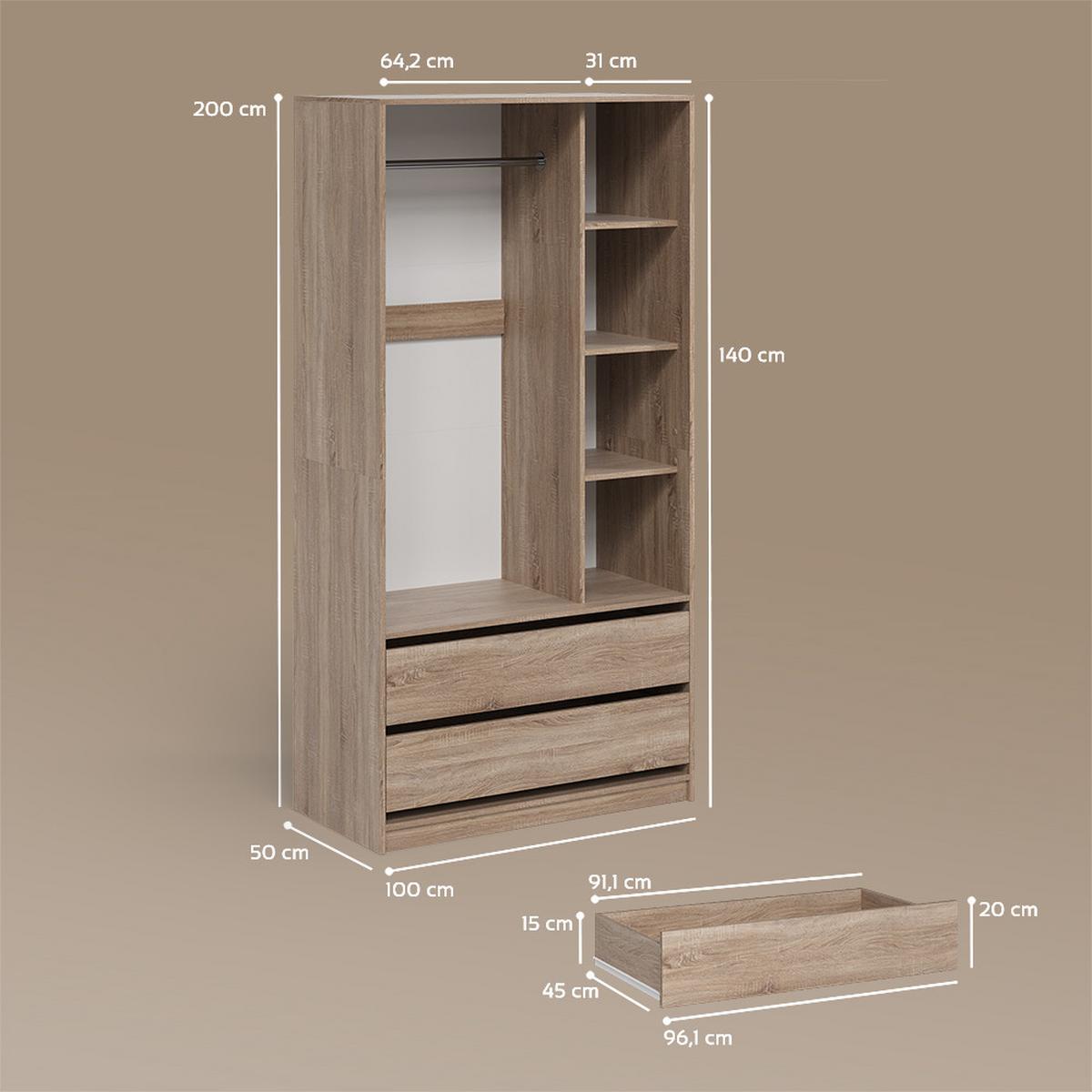 KLEIDERSCHRANK Trento Sonoma mit 2 Schubladen - Sonoma Eiche, Holzwerkstoff (100/200/50cm) - Livinity®