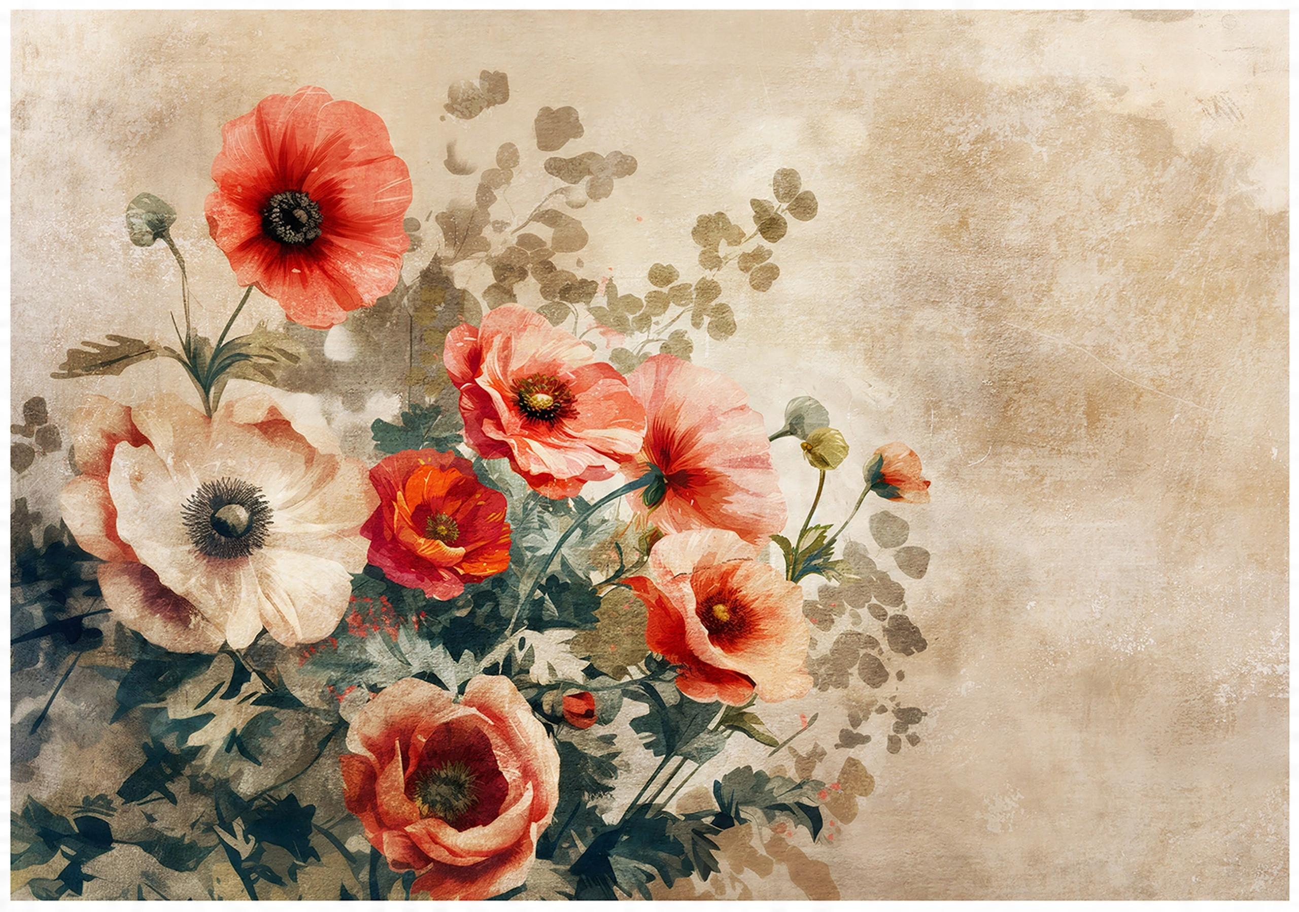 FOTOTAPETE Blumen Vintage Betonwand Schlafzimmer 400x280 - Multicolor, Papier (400/280cm) - Wallarena
