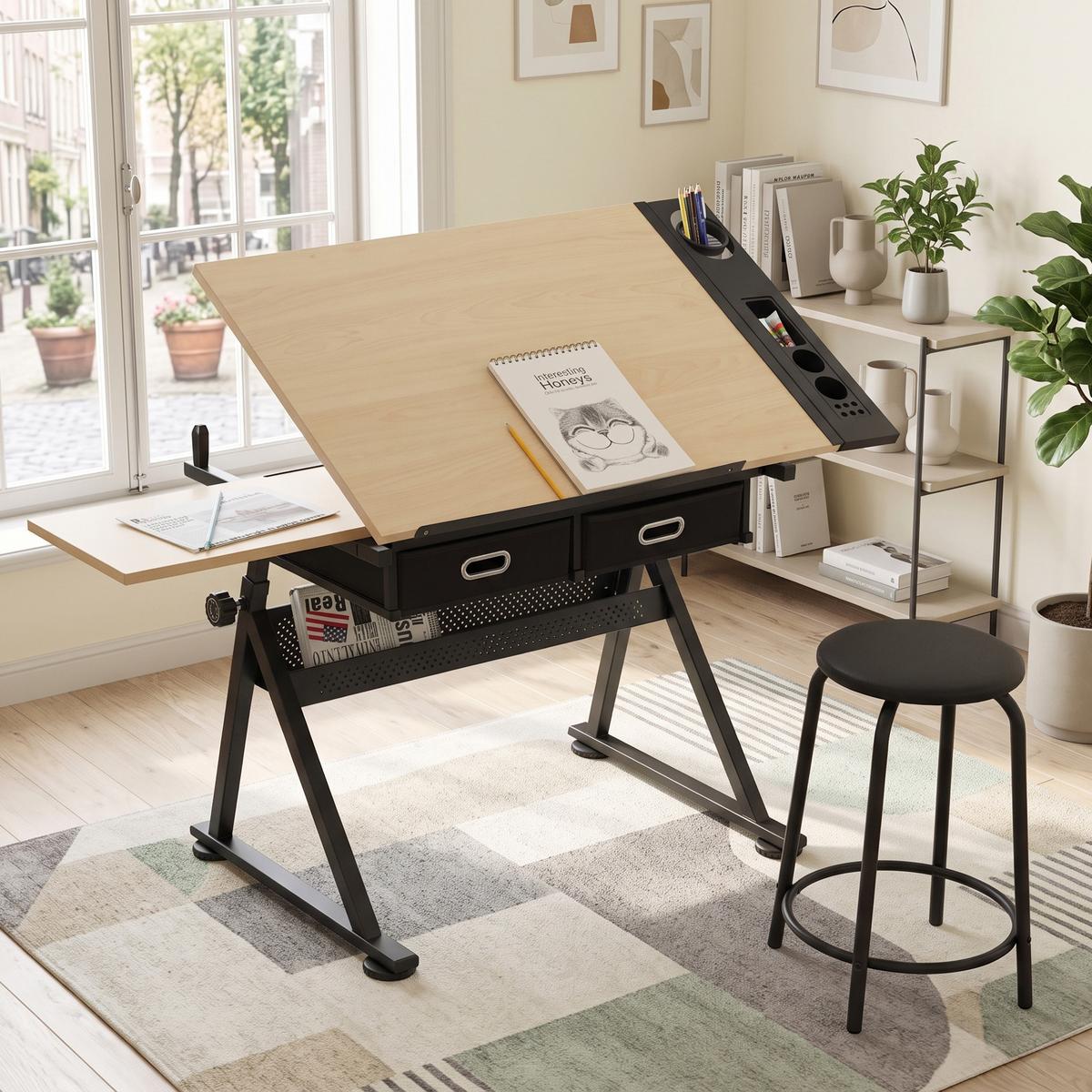 SCHREIBTISCH Zeichentisch Höhenverstellbar Neigbar Ahorn inkl Hocker & Schubladen - Ahornfarben, Holzwerkstoff (60/98/68cm) - Urban Meuble