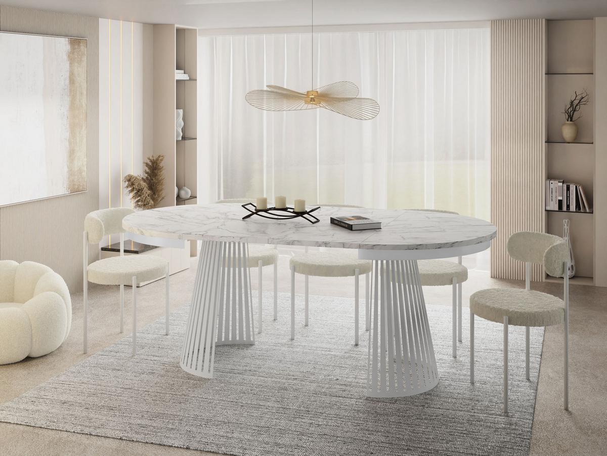 ESSTISCH Naro rund ausziehbar mit Weißem Lamellen-Metallgestell, Marmor Weiß 100-180/100/76 cm - Ecru/Weiß, Holzwerkstoff/Metall (100/176/76cm) - WFL GROUP