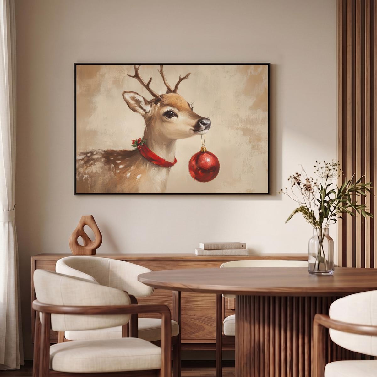 LEINWAND Bilder mit Rahmen - Weihnachten - Hirsch - Geweih - Weihnachtskugel - Rentier - 90x60 - Hellbraun, Textil (90/60cm) - MuchoWow