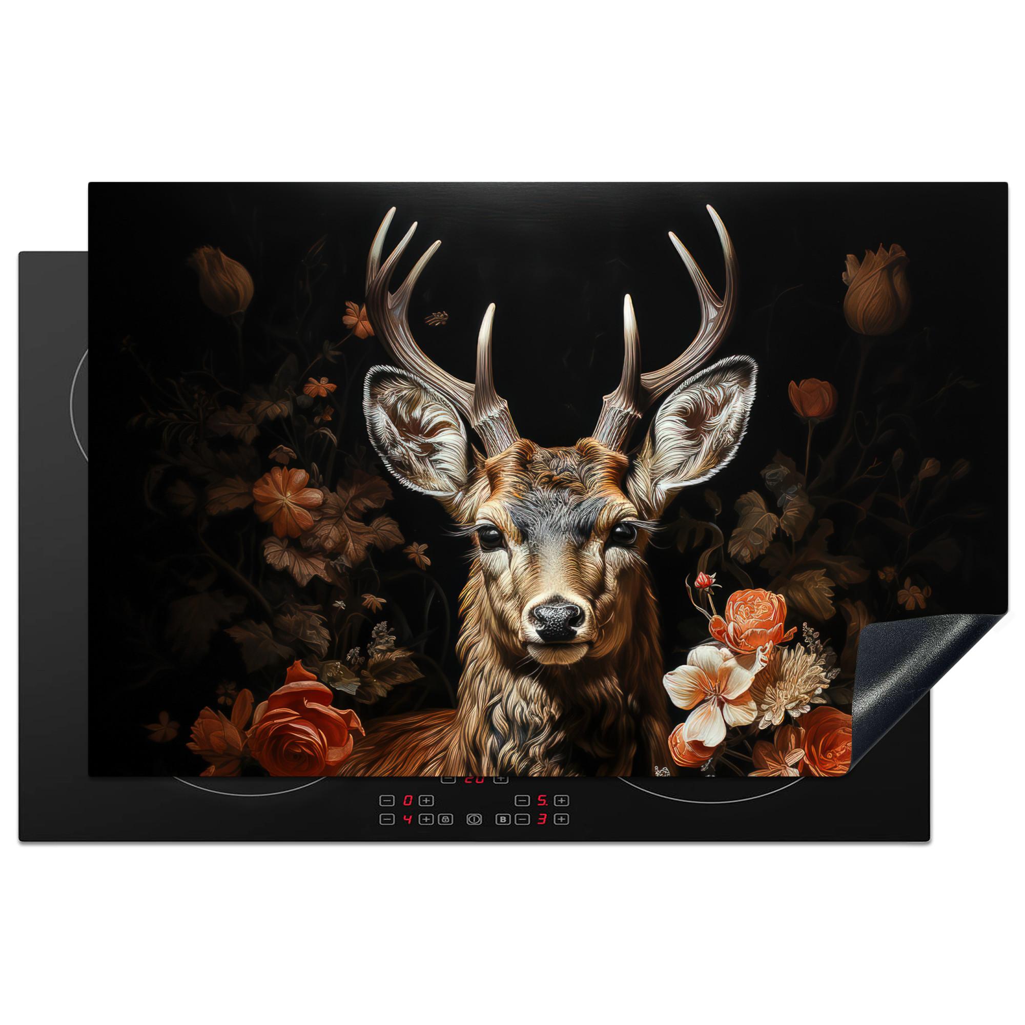 HERDABDECKPLATTE Hirsch - Tier - Blumen - Natur - Botanisch Induktionsschutz 80x52.2 cm - Kupferfarben, Kunststoff (80.2/52.2/0.2cm) - MuchoWow