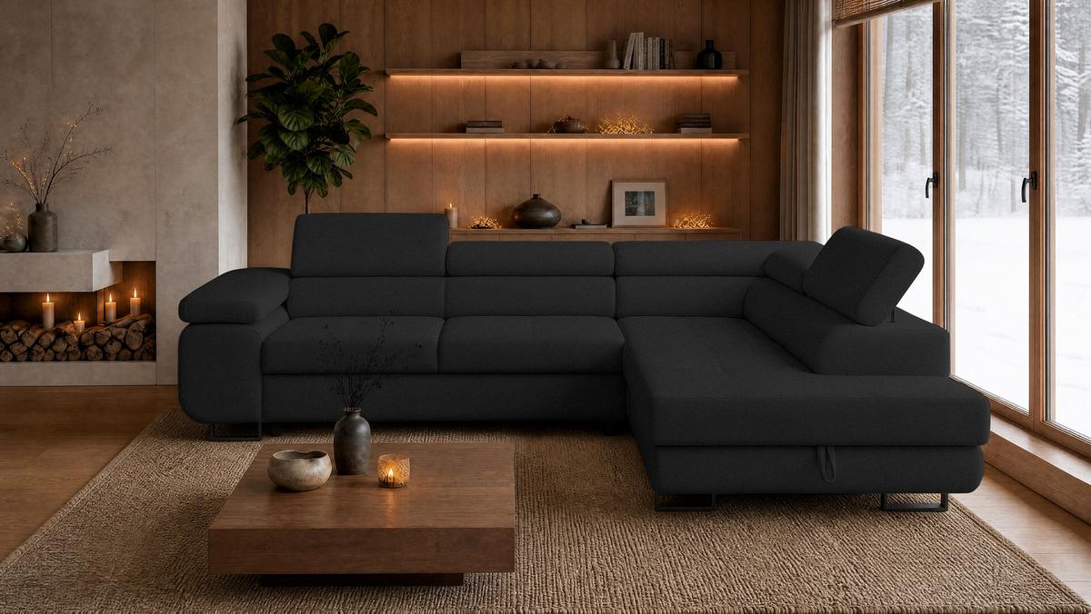 ECKSOFA Velmo mit Bettkasten und Schlaffunktion, verstellbaren Kopfstützen, in L-Form - Dunkelgrau, Textil (275/203cm)