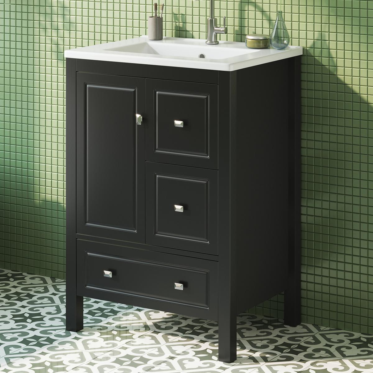WASCHTISCH Freistehend mit Keramikbecken & 3 Schubladen 62cm - Schwarz, Holzwerkstoff (62/90/47cm) - Urban Meuble