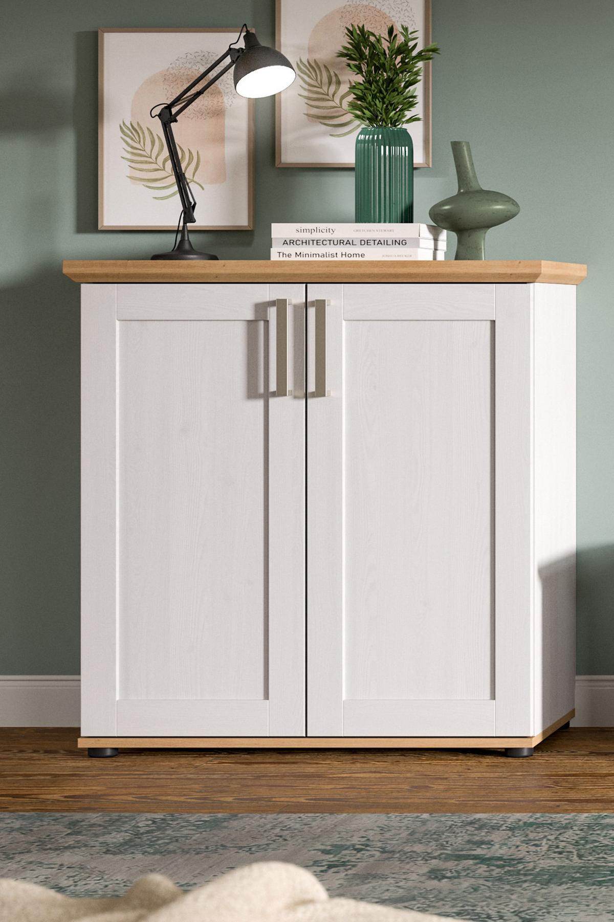 KOMMODE weiß Lärche, Eiche Artisan 84 cm, Highboard Landhaus Stil - Silberfarben/Schwarz, Holzwerkstoff/Kunststoff (84/88/37cm) - Inn.Furn
