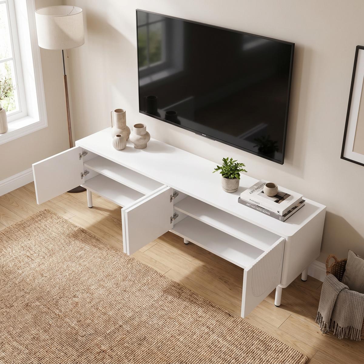 TV-LOWBOARD in Mattweiß mit 3D-Relief, mit 4 Fächern und Kabelmanagement - Weiß, Holzwerkstoff (180/52/40cm) - Urban Meuble