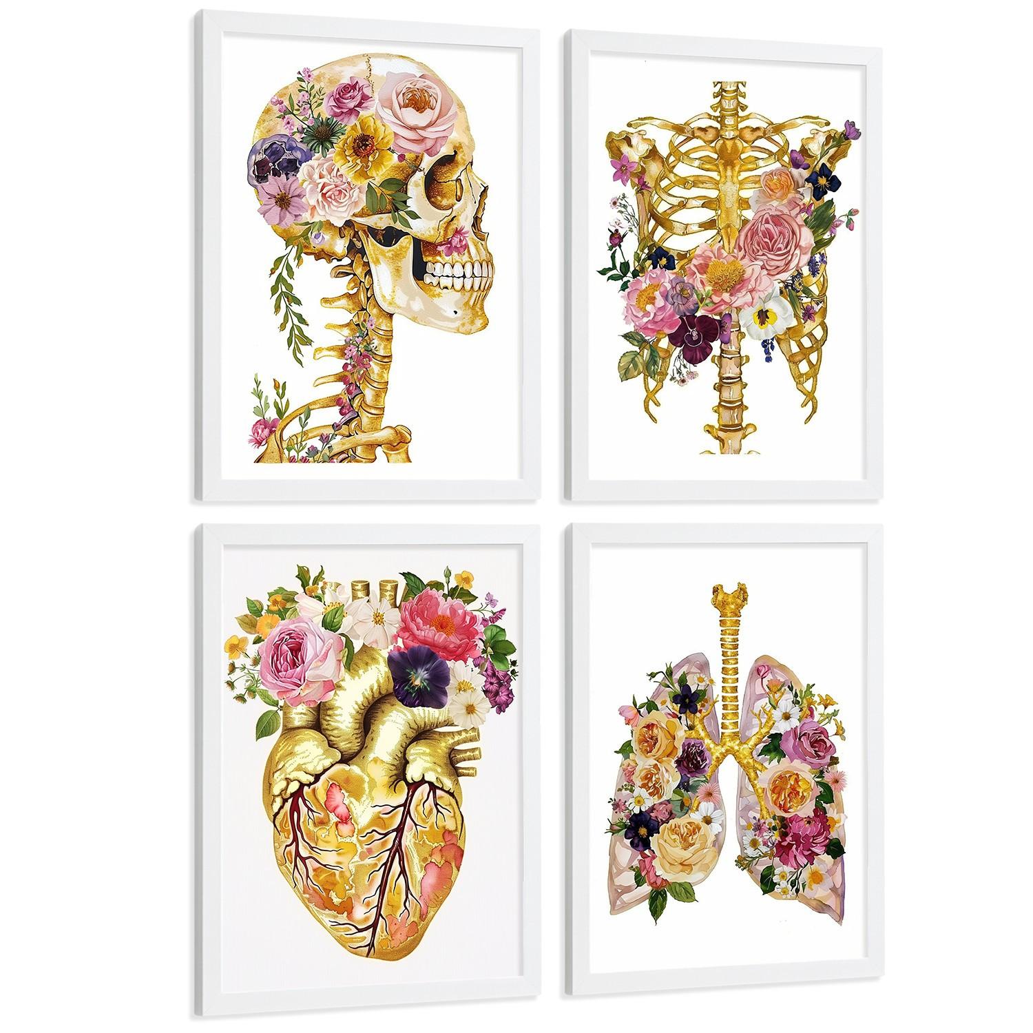POSTER Set aus 4 Anatomie Mensch Drucke und Wandbilder mit Schädel Skelett Herz und Goldene Lungen Medizinische Wanddekoration Größe Weißer Rahmen A4 - Weiß, Papier (21/29.7/3cm) - Nacnic