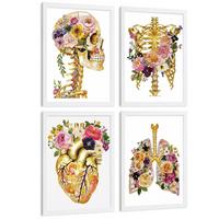 POSTER Set aus 4 Anatomie Mensch Drucke und Wandbilder mit Schädel Skelett Herz und Goldene Lungen Medizinische Wanddekoration Größe Weißer Rahmen A3 - Weiß, Papier (29.7/42/3cm) - Nacnic