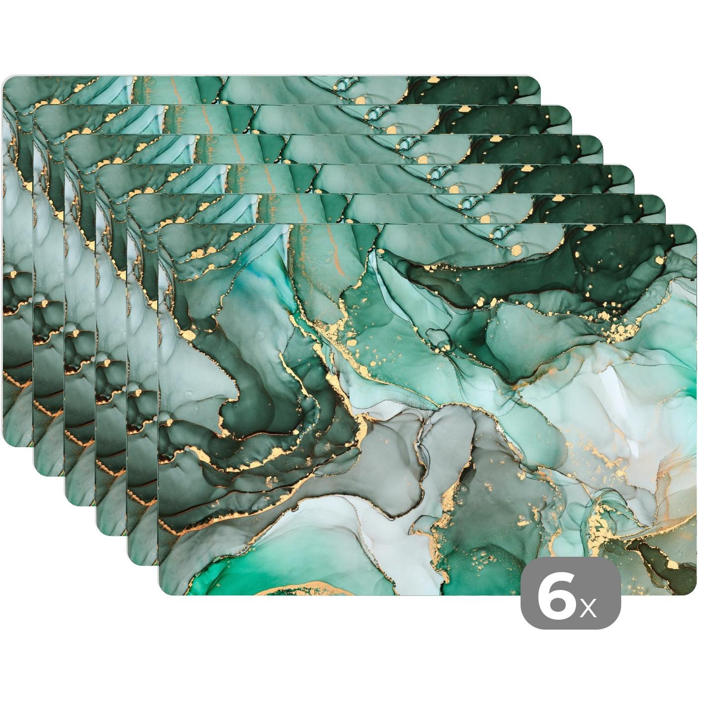 PLATZSETS 6er-Set Gold - Marmor - Grün - Luxus - Marmoroptik - Grau Telleruntersetzer 45x30 cm - Smaragdgrün, Kunststoff (0.3/45/30cm) - MuchoWow