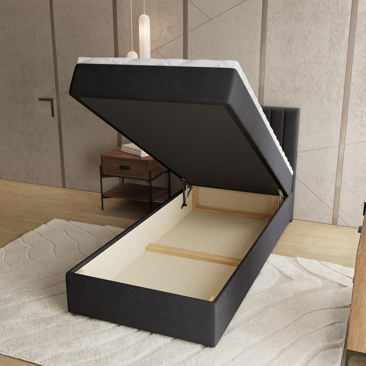 BOXBETT BRESEL 100 100x200 cm mit Matratze und Topper, H2+H3 - Schwarz - Schwarz, Holz (100/200cm) - MASSENO