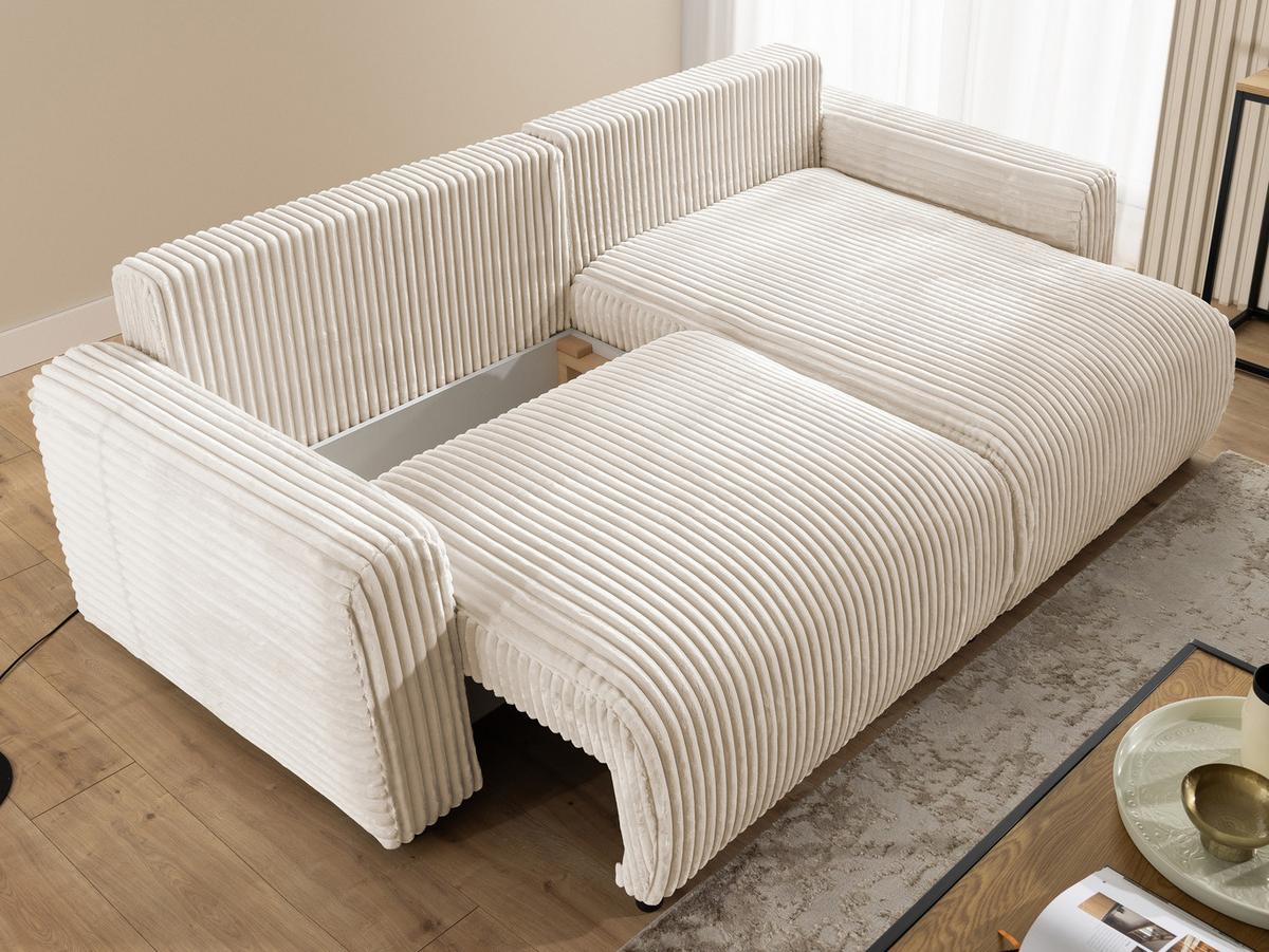 ECKSOFA Calma mit Schlaffunktion und Bettkasten im Bumpy-Design aus weichem Creme Plüschcord - Ottomane rechts - Creme/Schwarz, Holz/Kunststoff (140/239cm) - S-Style