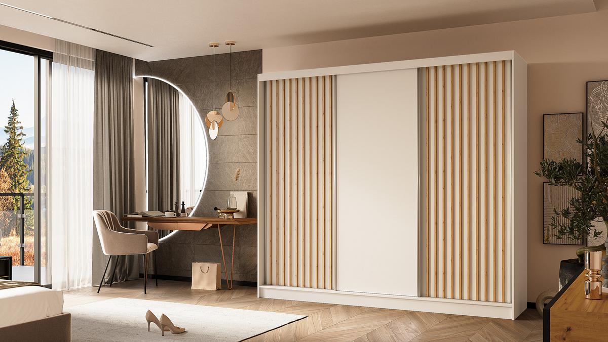 KLEIDERSCHRANK mit furnierten Schiebetüren und Aluminium-Leisten - LABELO - 240 cm Weiß+Weiß+Artisan - Weiß/Eiche Artisan, Holzwerkstoff (240/216/61cm) - ALTDECOR