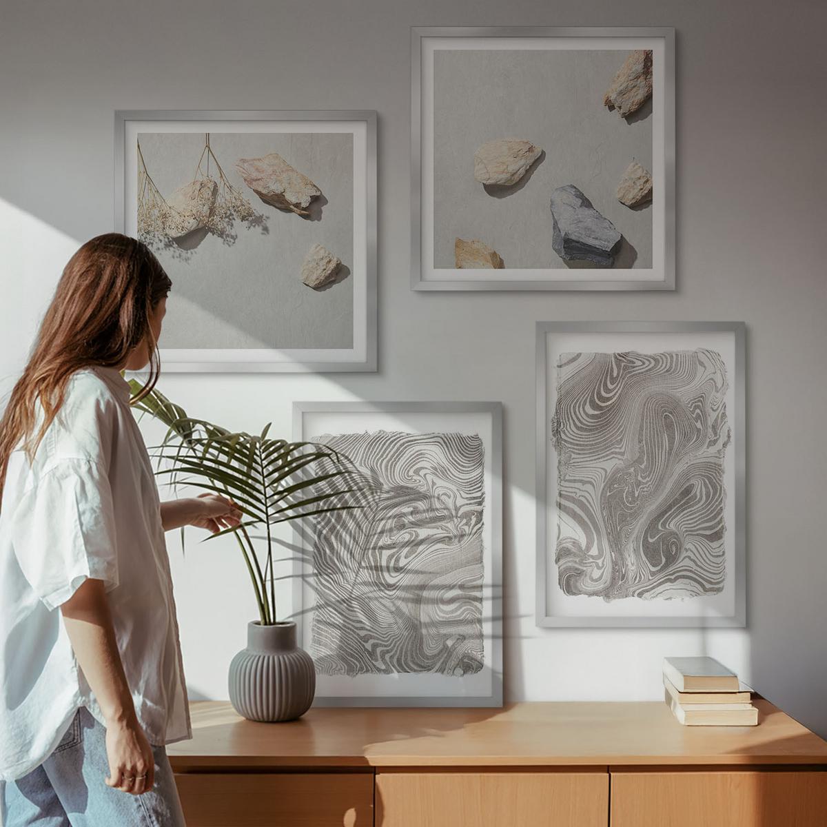 BILDER SET 4er Set - 50x50 cm & 40x60 cm Silberner Rahmen - Moderne abstrakte Formen - Silberfarben, Kunststoff (50/50cm) - TULUP