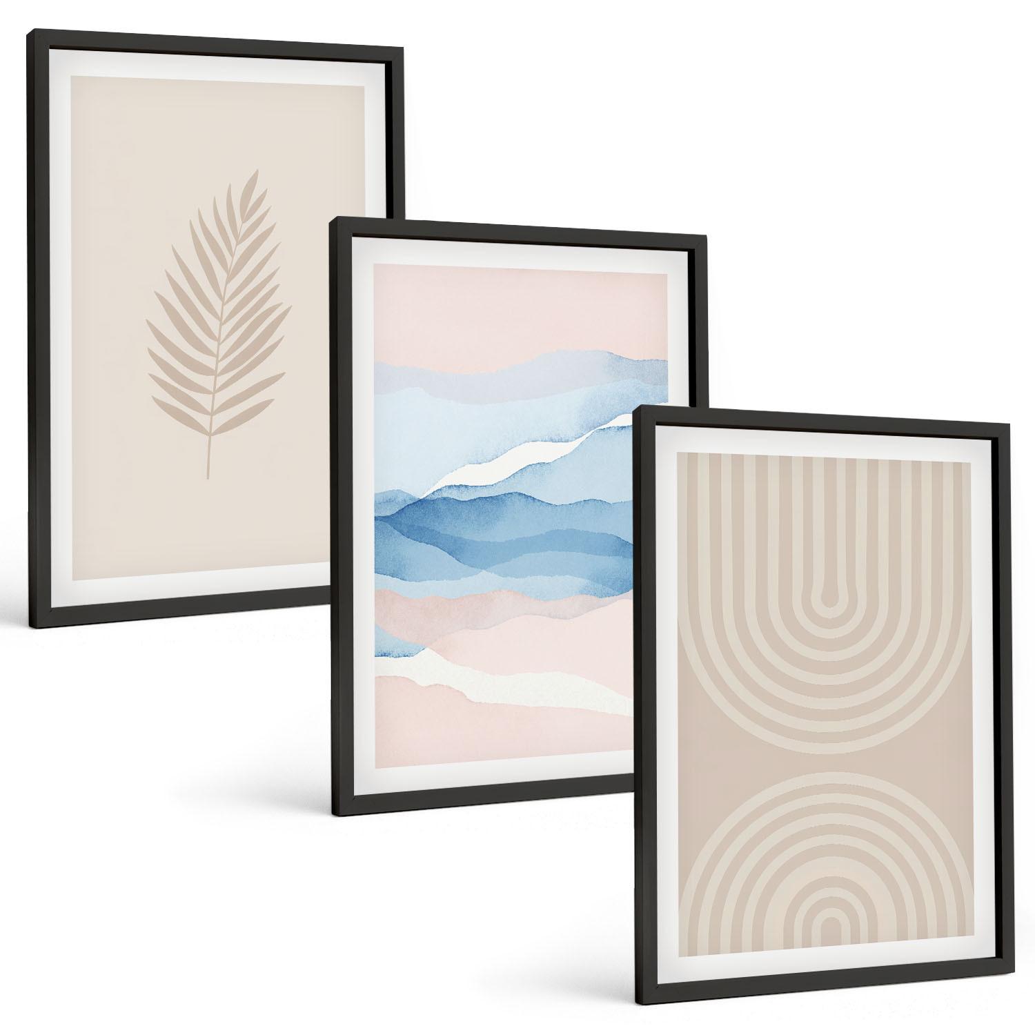 BILDER SET 3er Set - 40x60 cm Schwarzer Rahmen - Blätterwellen beige blau - Schwarz, Kunststoff (40/60cm) - TULUP