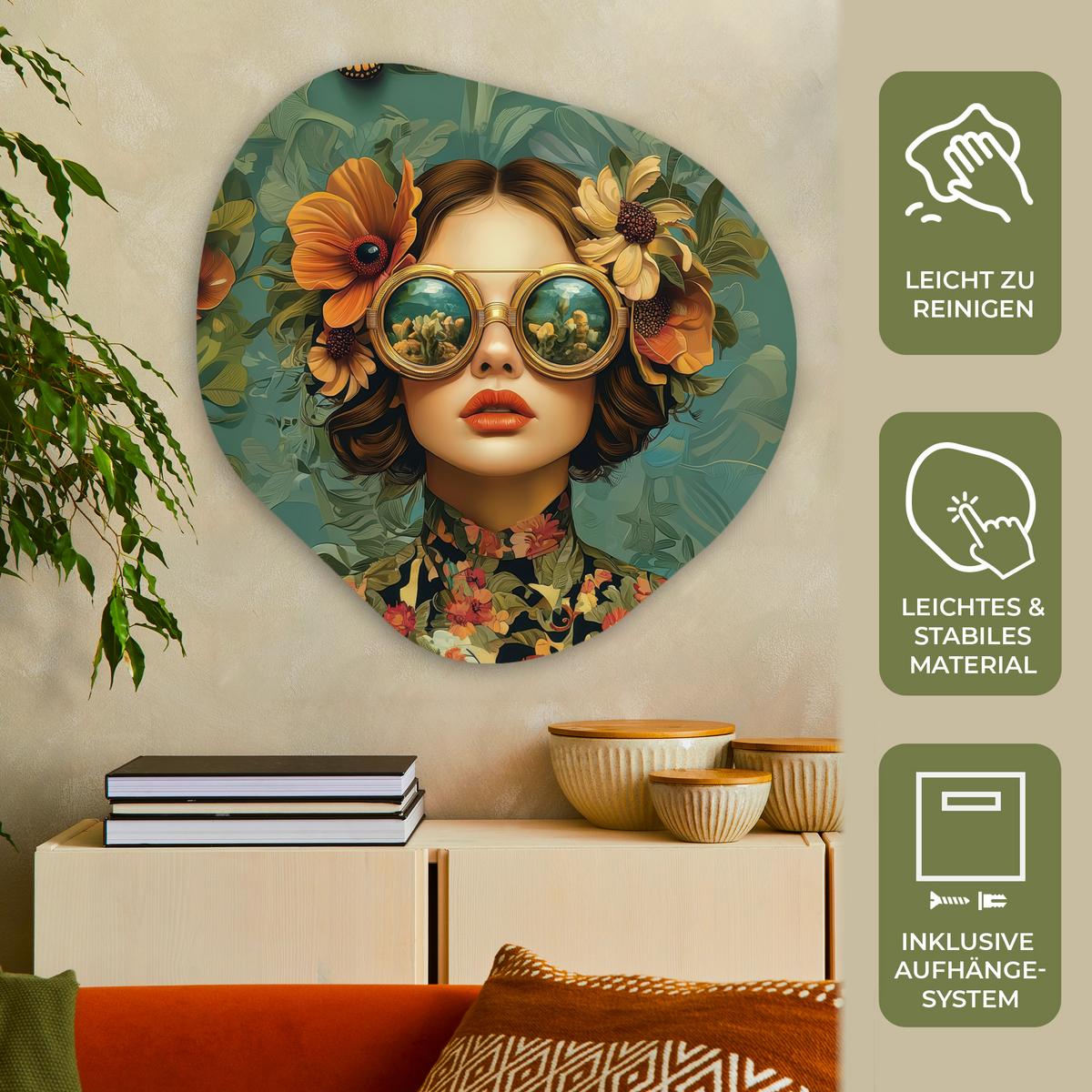 WANDBILD Frau - Blumen - Schmetterlinge - Natur - Vintage Room Decor 90x90 cm - Petrol, Kunststoff (90/90cm) - MuchoWow
