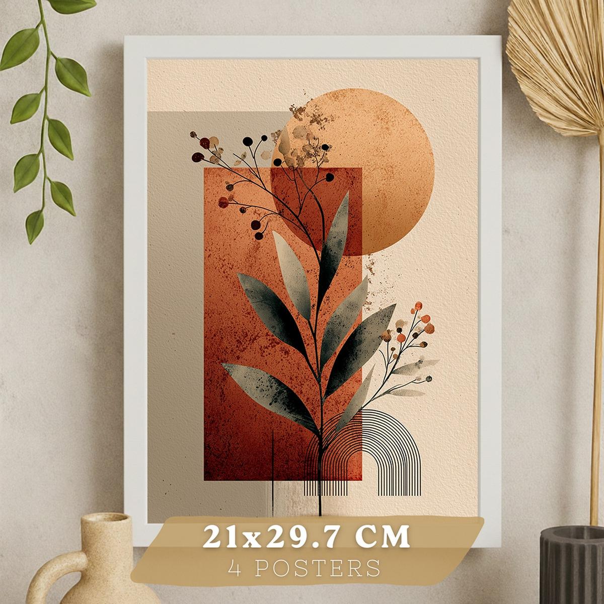 POSTER 4er Kunstdruck-Set Wandbilder Blumen Abstrakt Rot Orange modern Wohnzimmer Deko, Schlafzimmer, Küche, Badezimmer Rahmenlos A3 - Weiß, Papier (29.7/1/42cm) - Nacnic