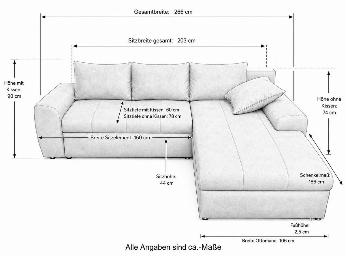 ECKSOFA mit Schlaffunktion, Bettkasten, Wellenunterfederung, Ottomane rechts B266/T186/H90 cm, Mikrofaser Leder-Optik Vintage Braun / 18011 - Schwarz/Braun, Kunststoff/Textil (266/186cm) - luma-home