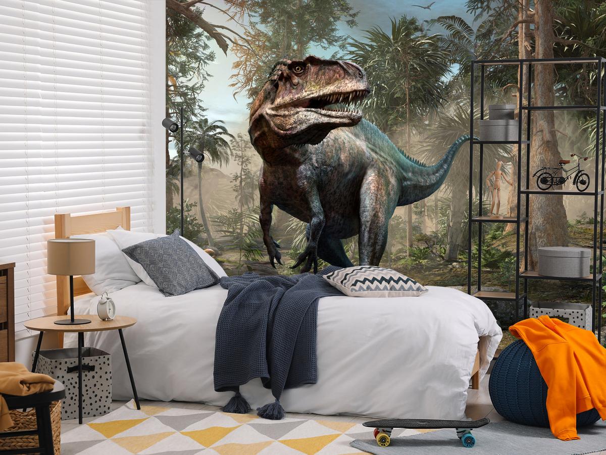FOTOTAPETE für Jugendzimmer Realistischer Dinosaurier Dschungel Palmen 500x350 - Beige/Schwarz, Papier (500/350cm) - Muralo