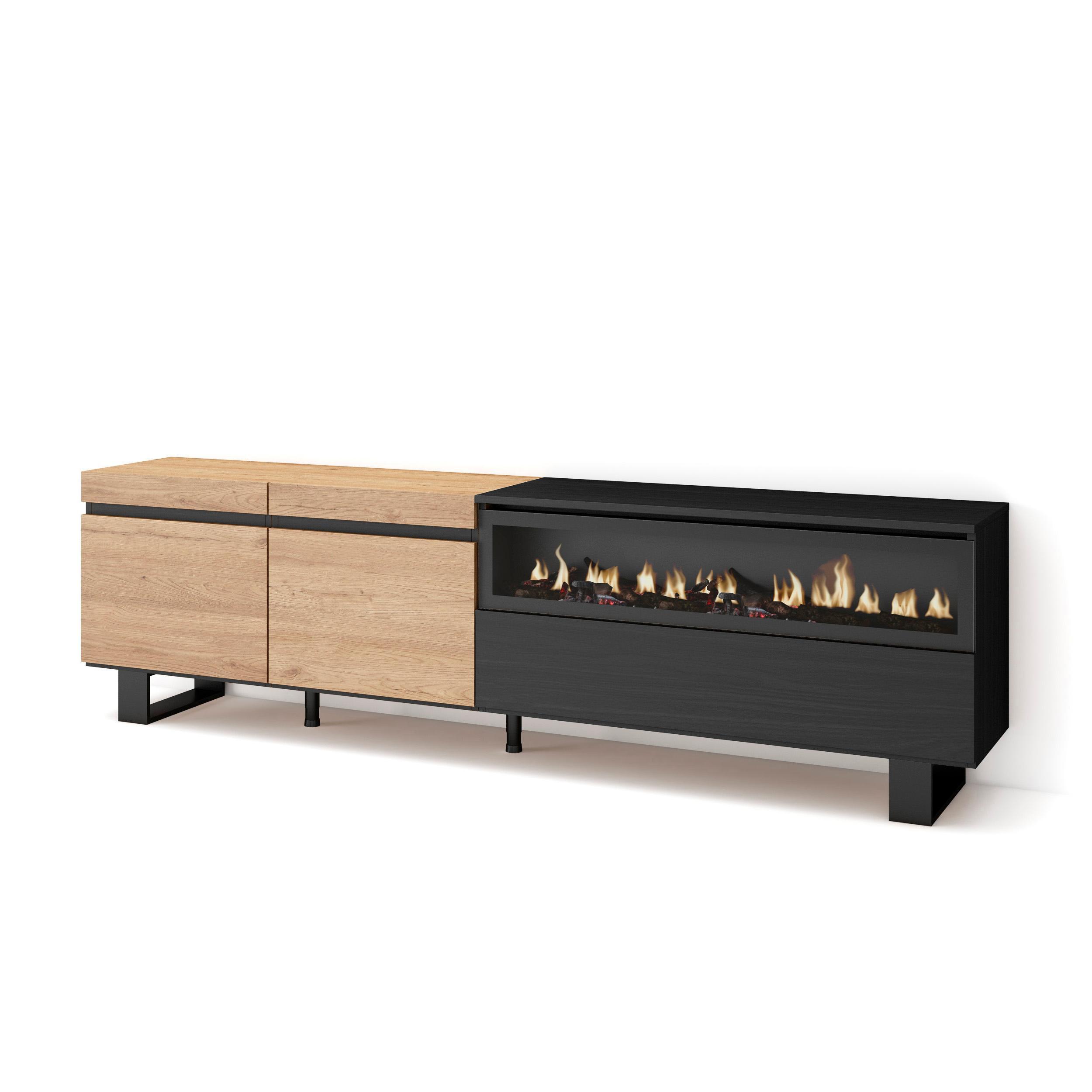 LOWBOARD, mit Elektrokamin, Eiche, Schwarz, 200/35/57cm - Eichefarben/Schwarz, Holzwerkstoff (200/57/35cm) - Skraut Home