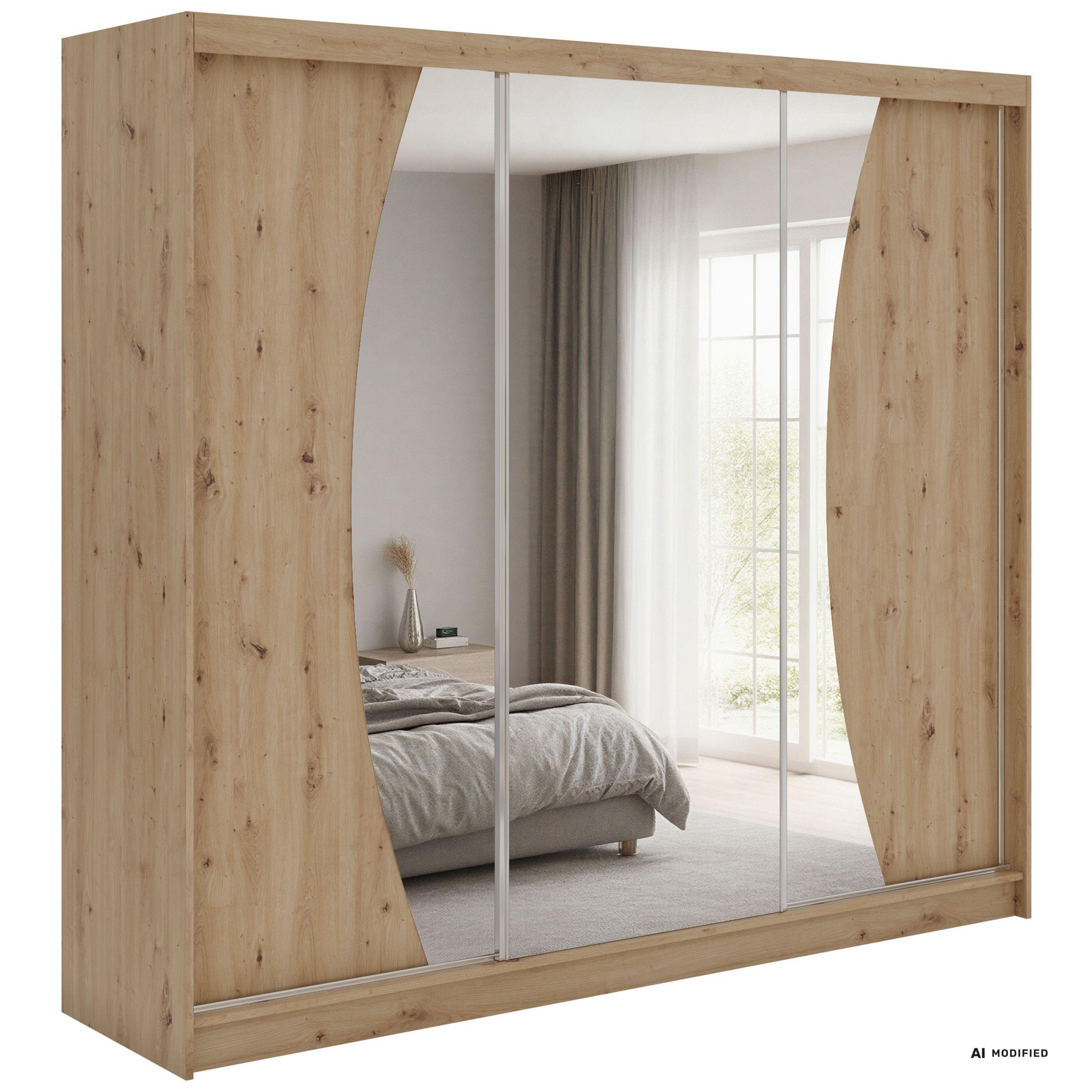 SCHWEBETÜRENSCHRANK 240 - VERONA - Eiche Artisan mit Spiegel - Alufarben/Eiche Artisan, Holzwerkstoff/Metall (240/216/61cm) - MKS