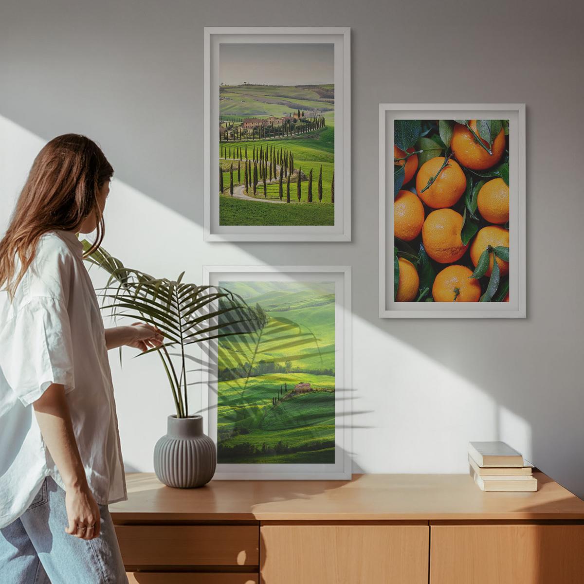 BILDER SET 3er Set - 40x60 cm Weißer Rahmen - Italienische Landschaft mit Orangen - Weiß, Kunststoff (40/60cm) - TULUP