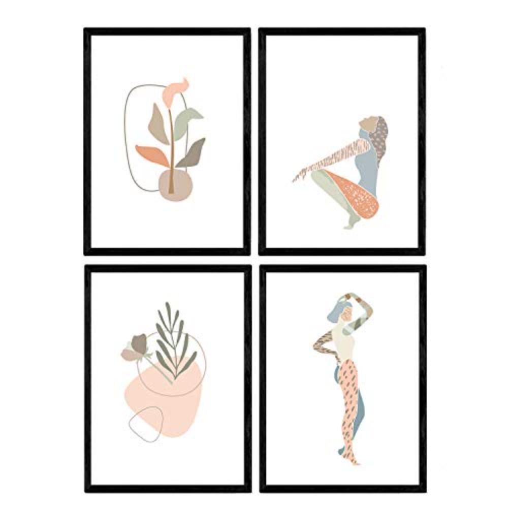 POSTER Set mit 4 Pastelltöne und Nordic weiblichen Figuren Blumen A3 Rahmenlos - Klar, Papier (29.7/3cm) - Nacnic