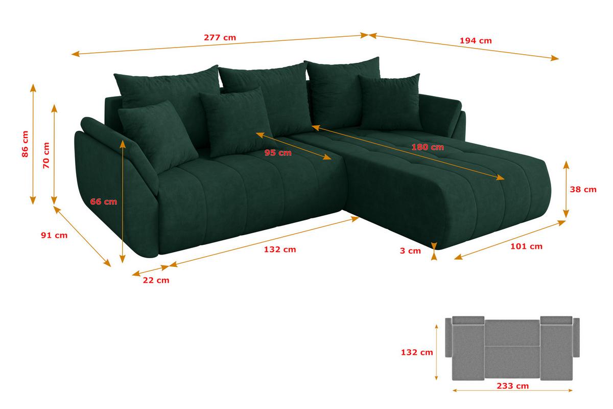 ECKSOFA mit Schlaffunktion Ottomane Rechts TOKO-L 277x194x86 Grün Velours - Schwarz/Grün, Holzwerkstoff/Kunststoff (277/194cm) - ALTDECOR