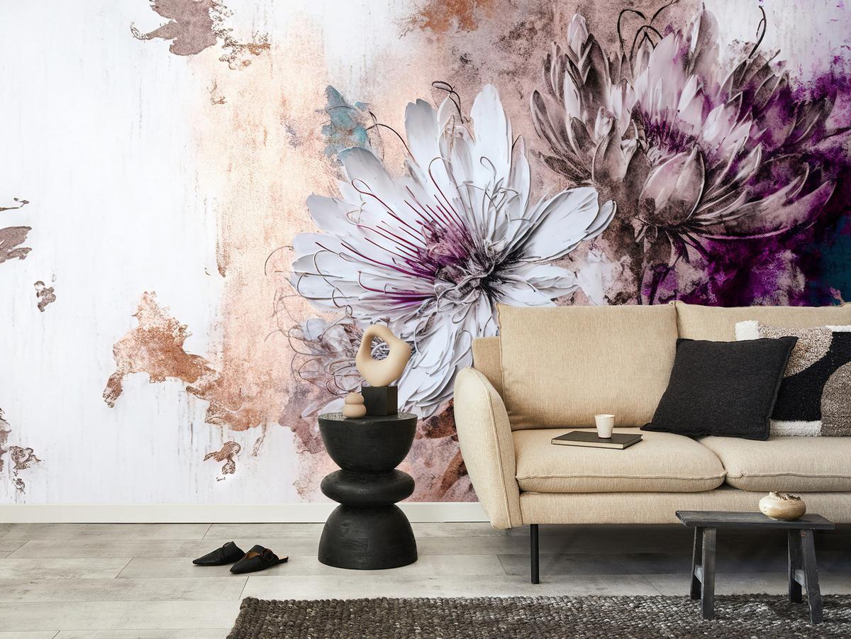 FOTOTAPETE für Wohnzimmer Blumen Blätter Abstraktion 350x256 - Beige/Violett, Papier (350/256cm) - Muralo