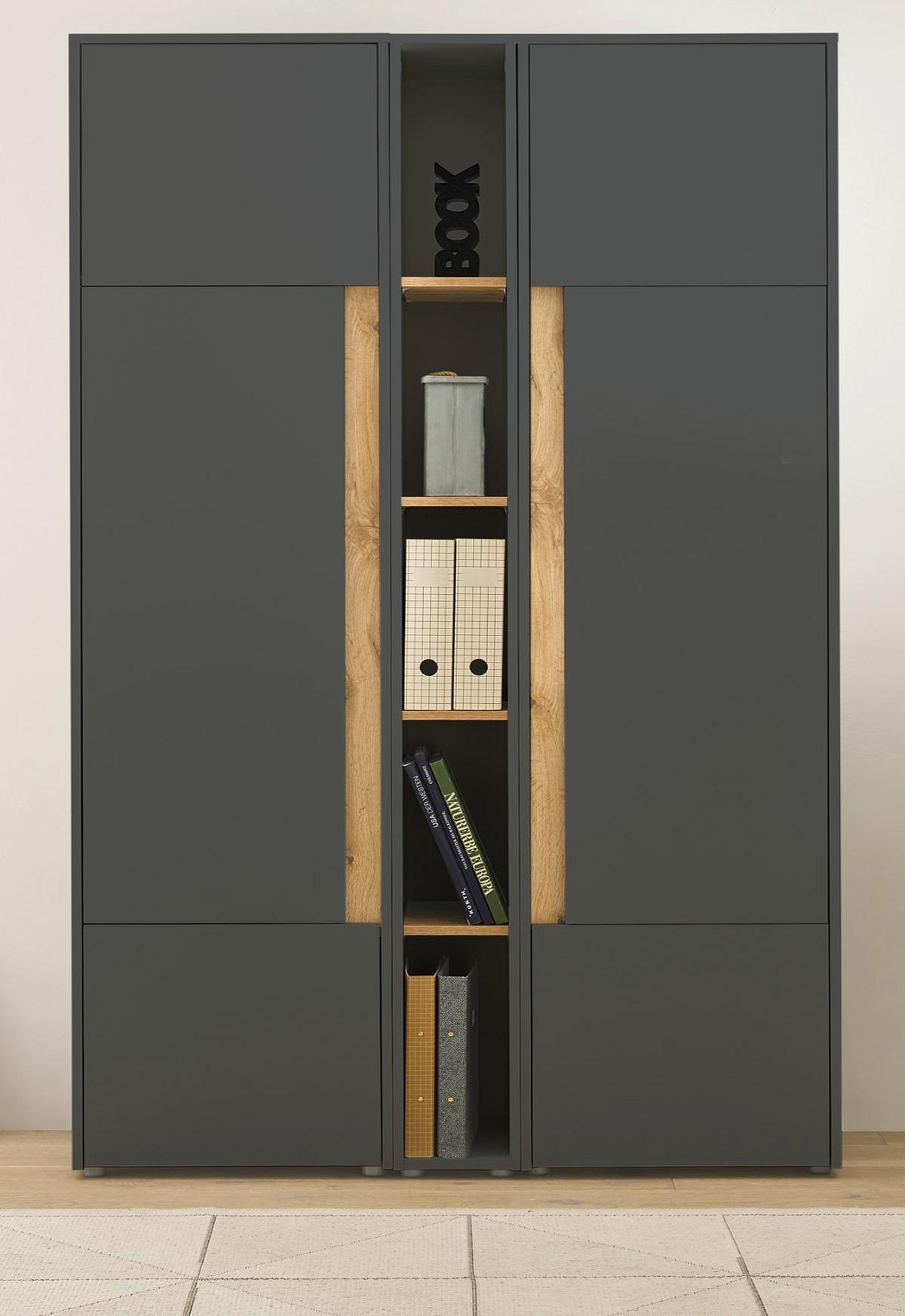 AKTENSCHRANK Set 3-teilig grau, Eiche Wotan 120 x 200 cm, Schrank-Regal-Kombination mit 15 Fächern - Eiche Wotan/Schwarz, Holzwerkstoff/Kunststoff (120/200/40cm) - Furn.Design
