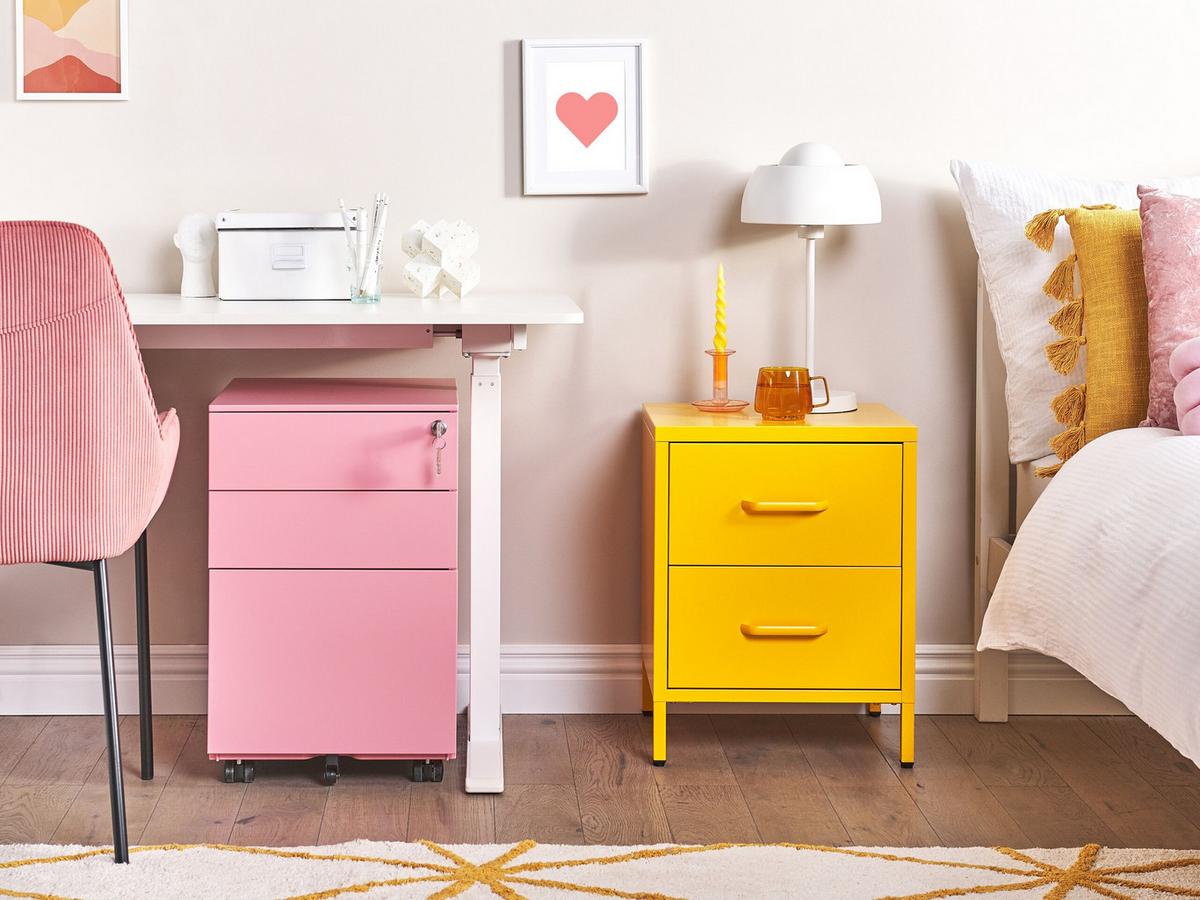 AKTENSCHRANK Metall rosa 3 Schubladen mit Rollen Cami - Pink, Metall (39/60/50cm) - Beliani