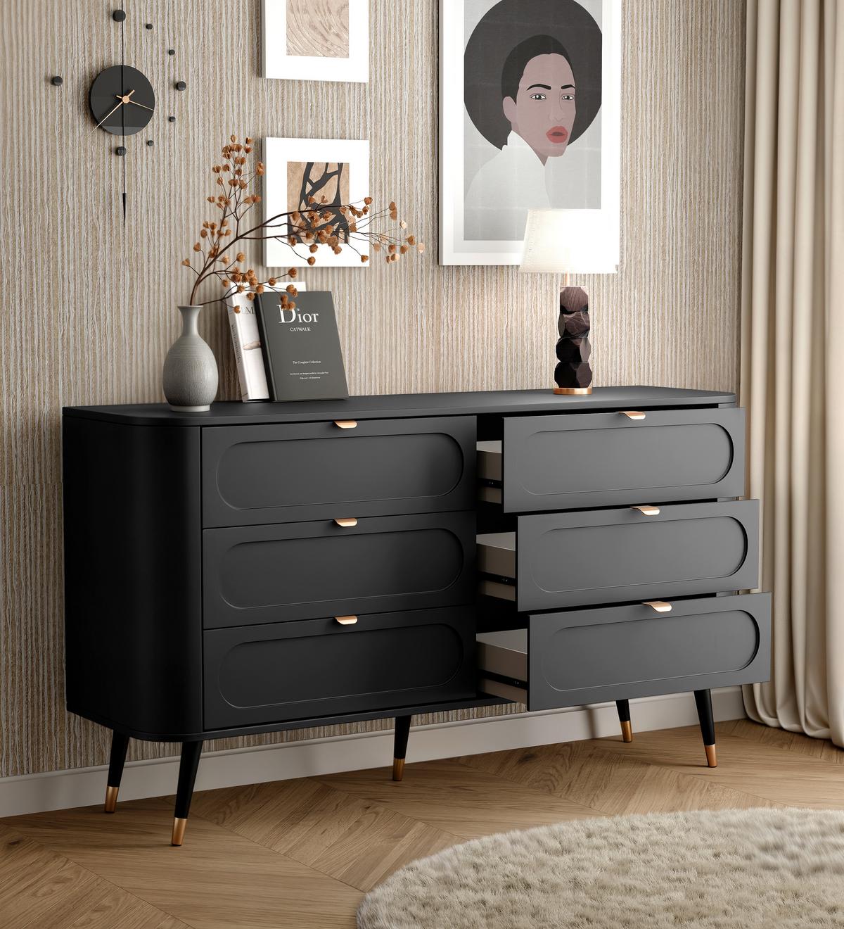 KOMMODE NOIR 138 cm, 6 Schublade(n) Schwarz - Goldfarben/Schwarz, Holzwerkstoff/Metall (138/79.7/40cm) - Idohome